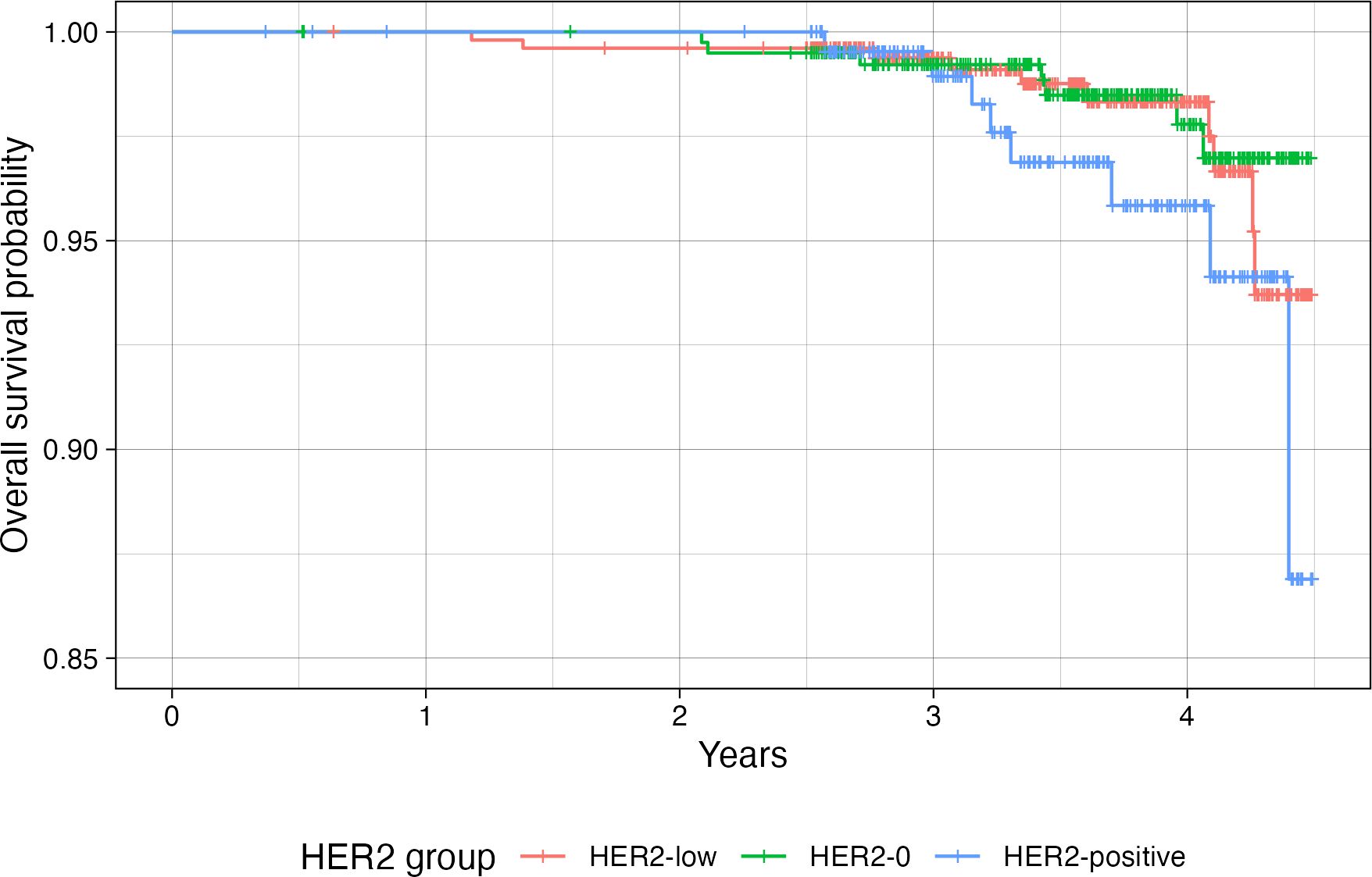 Kaplan-Meier survival plot showing disease-free survival probability over four years for three HER2 groups: HER2-low (red), HER2-0 (green), and HER2-positive (blue). The vertical axis represents survival probability, and the horizontal axis shows time in years. HER2-positive shows a steeper decline towards the end.