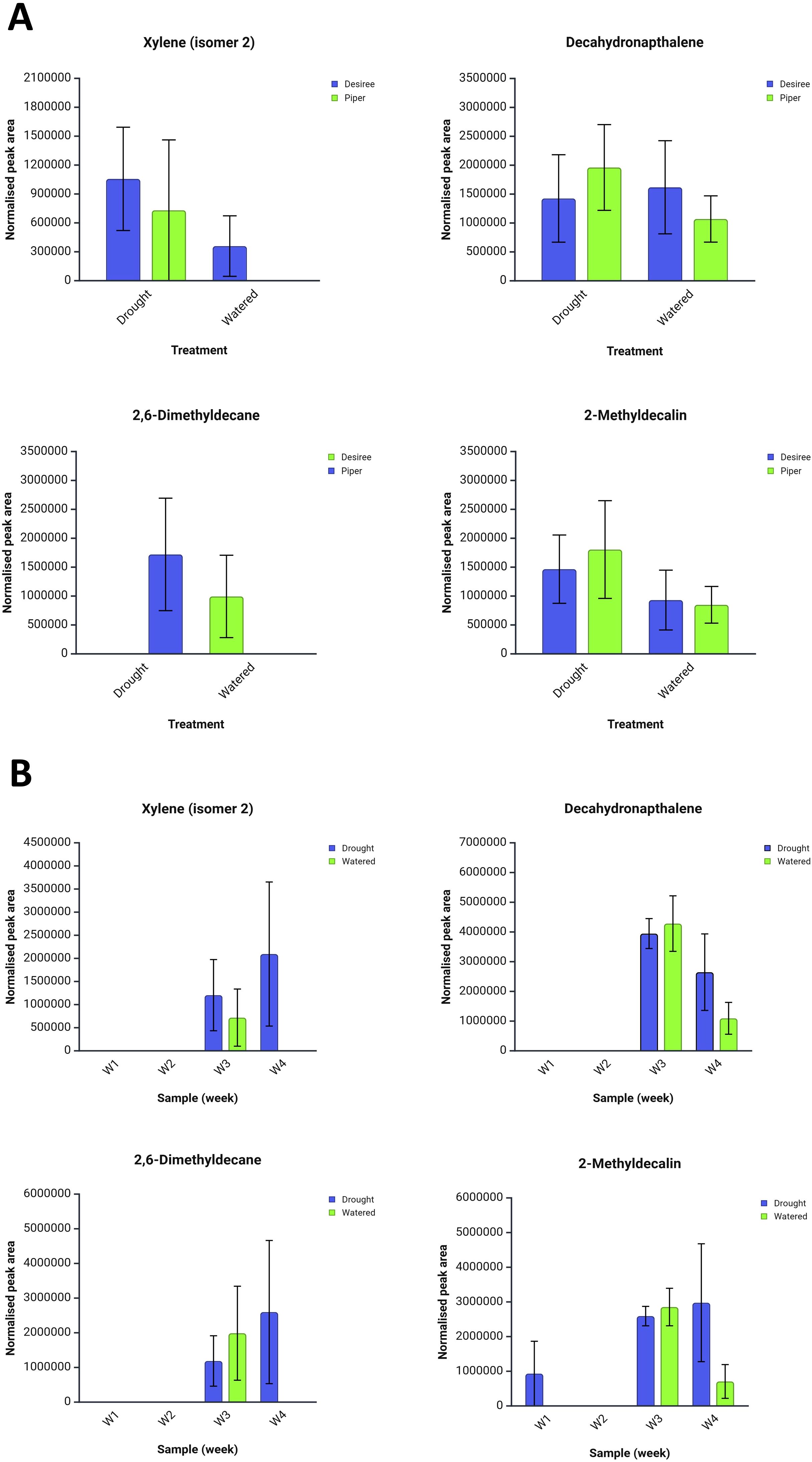Group of bar graphs showing normalized peak areas for different chemical compounds under varying treatments. Section A: Four graphs depict Xylene, Decahydronaphthalene, 2,6-Dimethyldecane, and 2-Methyldecalin for treatments labeled Drought and Watered for Desiree and Piper samples. Section B: Similar graphs display data over weeks for the same compounds, comparing Drought and Watered samples. Error bars are present, indicating variability in measurements.