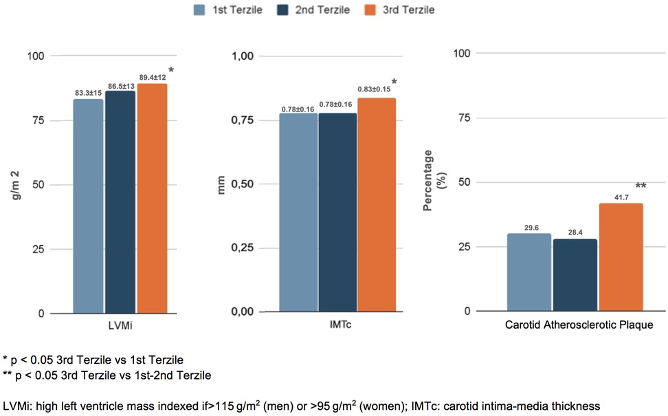 Bar charts comparing three terciles on three health metrics: LVMi, IMTc, and carotid atherosclerotic plaque. The third tercile consistently shows higher values. Significant differences are indicated by an asterisk. Definitions for LVMi and IMTc are provided.