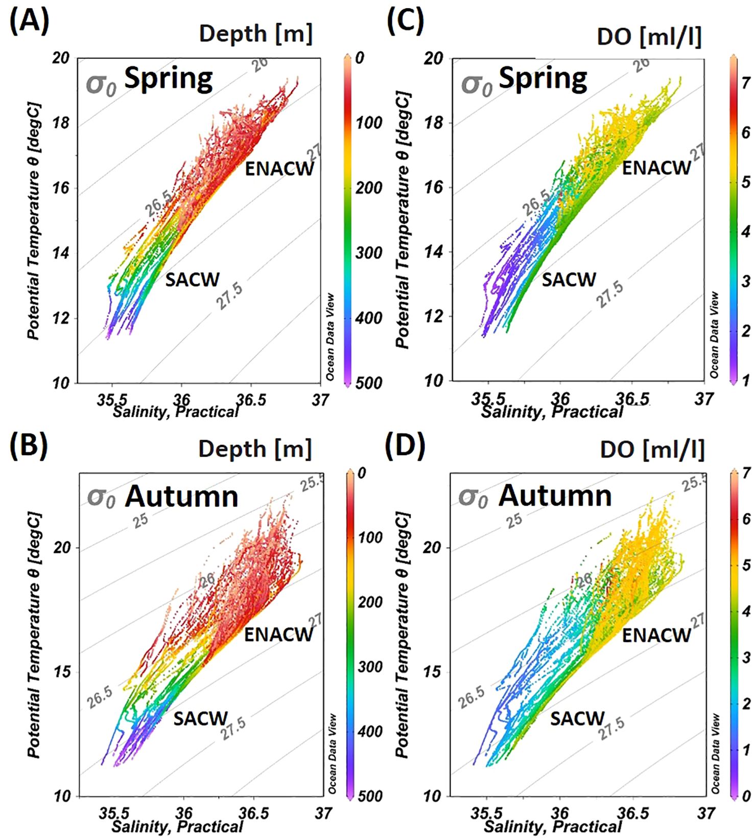 Four-panel graphs showing temperature-salinity diagrams for two seasons, spring and autumn. Panels (A) and (C) represent spring, while (B) and (D) correspond to autumn. Each panel plots potential temperature against practical salinity, with depth and dissolved oxygen indicated by color gradients. Major water masses are labeled ENACW and SACW.