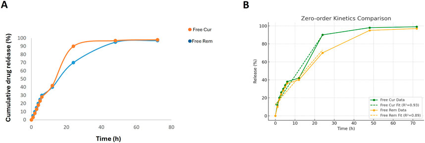 Chart A shows cumulative drug release of Free Cur and Free Rem over 80 hours. Free Cur (orange) and Free Rem (blue) both plateau around 80% release. Chart B compares zero-order kinetics, with Free Cur and Free Rem data and fits displayed, indicating similar linear release patterns over time.