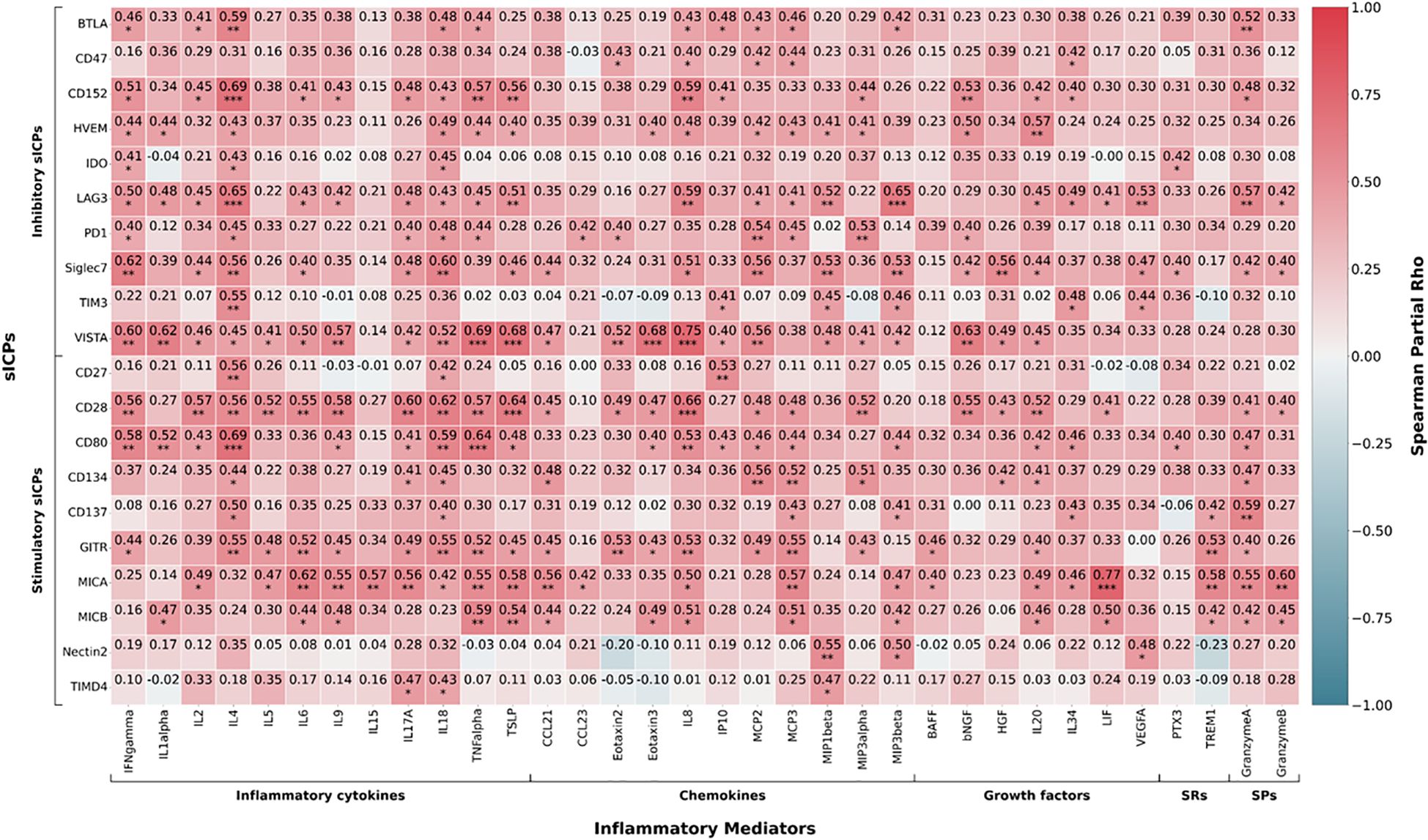 Heatmap showing Spearman partial correlation values between immune checkpoint proteins (ICPs) and inflammatory mediators. Rows represent different ICPs, divided into inhibitory and stimulatory categories. Columns represent various inflammatory cytokines, chemokines, growth factors, SRs, and SPs. The color gradient indicates correlation strength, ranging from negative (blue) to positive (red) values.