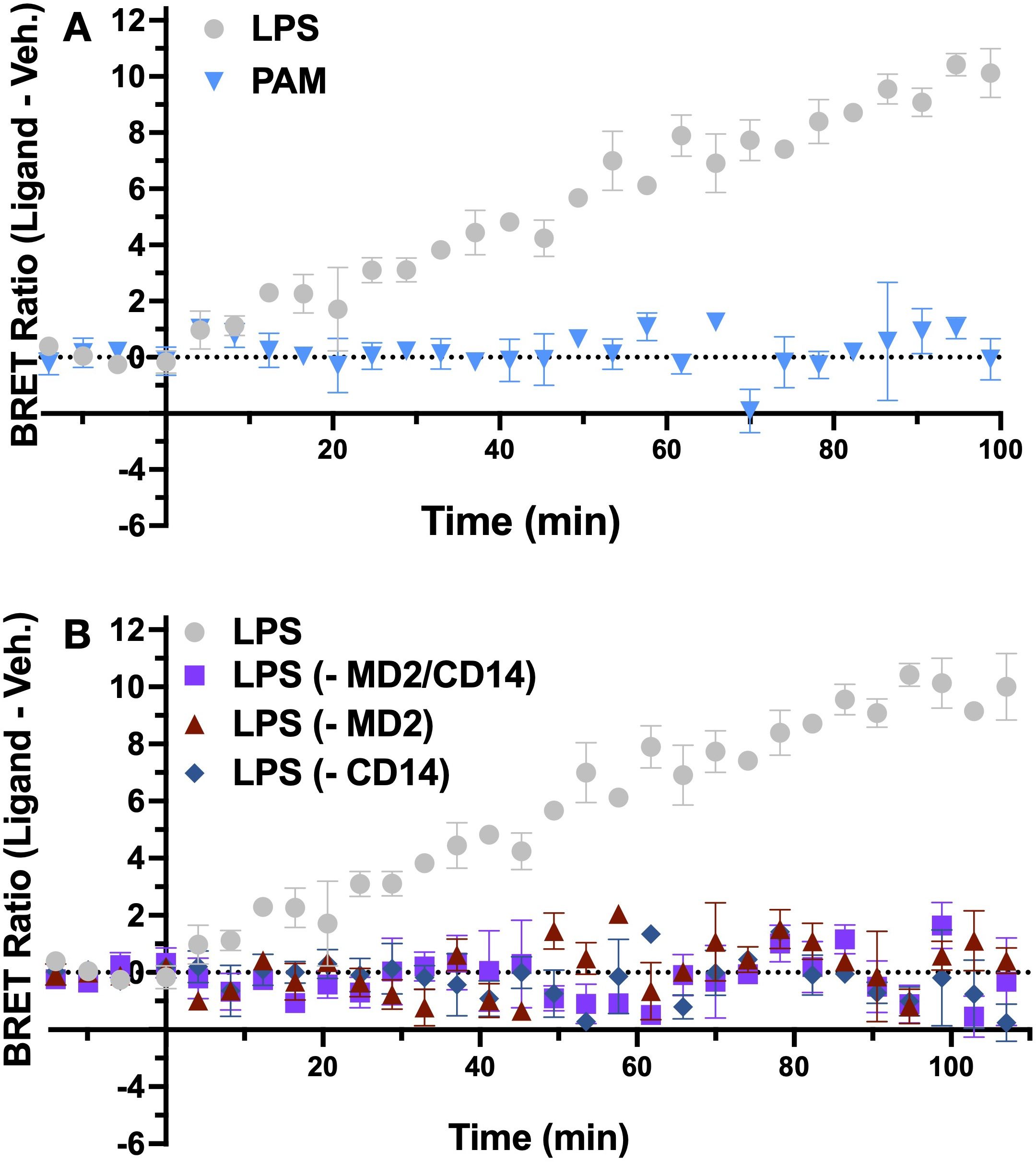 Two line graphs (A and B) display BRET ratios over time. Graph A compares LPS and PAM, showing an increase for LPS. Graph B contrasts LPS with variants lacking MD2, CD14, and both, with LPS alone increasing. Time in minutes is on the x-axis; BRET ratio on the y-axis.
