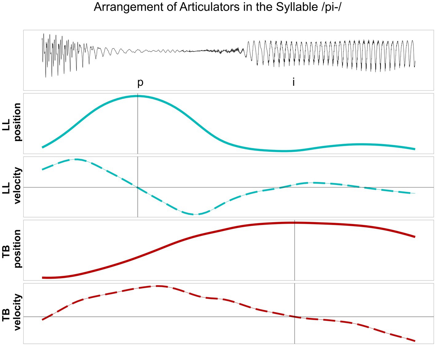Waveform and articulatory graphs depict the syllable /pi-/. The waveform shows sound intensity, with