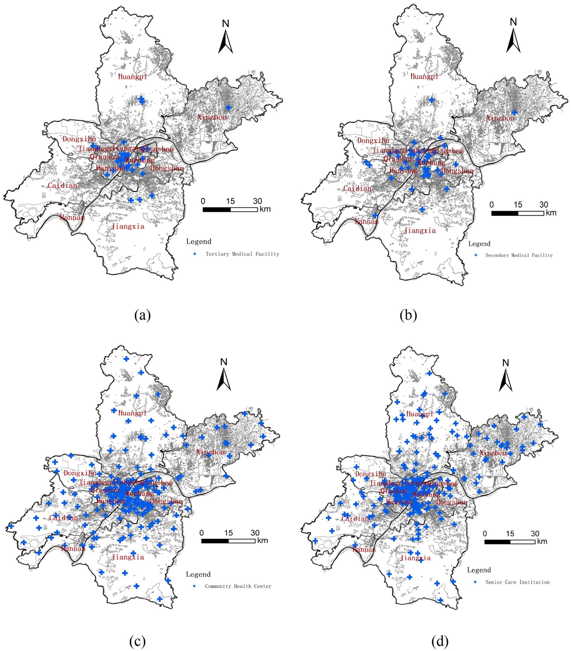 Map illustrations of a geographic region labeled with locations of various health facilities. Panel (a) shows tertiary medical facilities, panel (b) shows secondary medical facilities, panel (c) shows community health centers, and panel (d) shows senior care institutions. Each map includes a legend, a scale bar, and a north arrow, with locations marked in blue.
