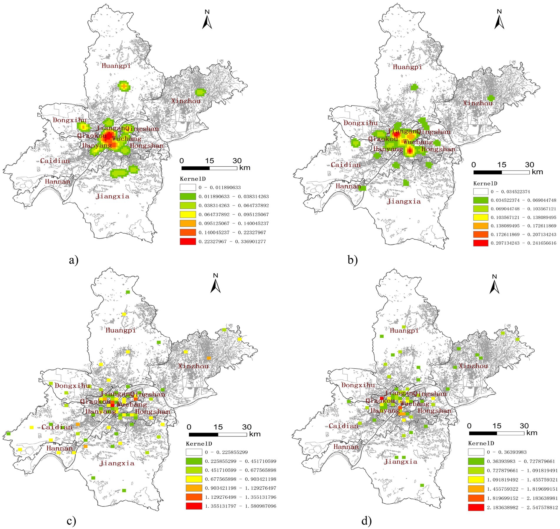 Four maps detailing kernel density estimates for different regions, highlighting areas with varying intensities of occurrences. Each map (a, b, c, d) uses colors from green to red to signify increasing density levels, with a legend specifying the range for each color. Towns like Hankou, Hanyang, and Wuchang are labeled, and a scale bar provides distance reference from zero to thirty kilometers. An arrow above each map indicates north.