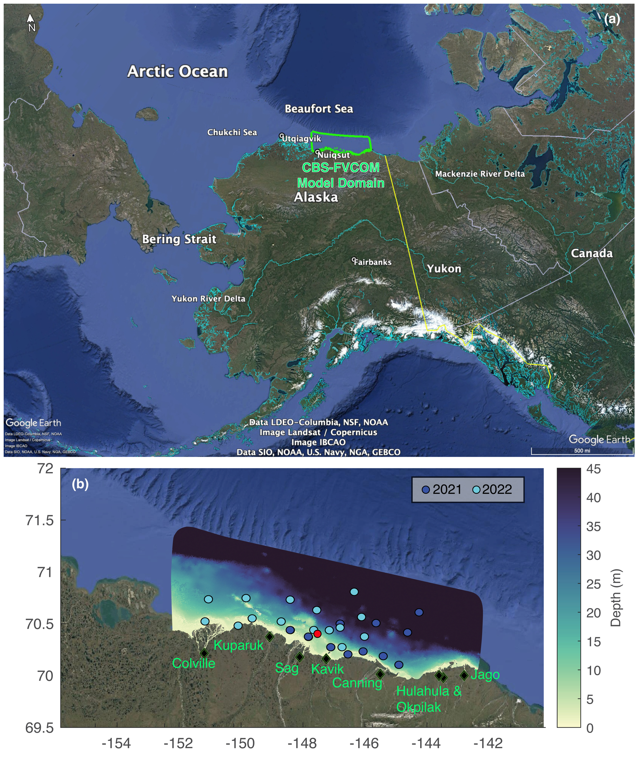Top image shows a satellite map of Alaska, highlighting the CBS-FVCOM model domain in green near Uqsuqtuuq and Nuiqsut, with geographic labels like Arctic Ocean and Yukon. Bottom image is a map of the Alaskan coast, showing depth data with a gradient from light green to dark purple and dots representing data from 2021 and 2022, labeled with river names like Colville, Sag, and Jago.