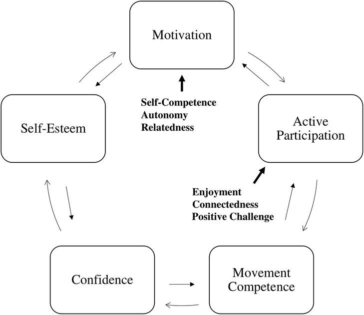 Flowchart illustrating a cycle with five stages: Motivation, Active Participation, Movement Competence, Confidence, and Self-Esteem. Arrows connect the stages in a sequence, emphasizing the cyclical nature. Between stages are factors like Self-Competence, Autonomy, Relatedness, Enjoyment, Connectedness, and Positive Challenge, suggesting influences on the transitions.