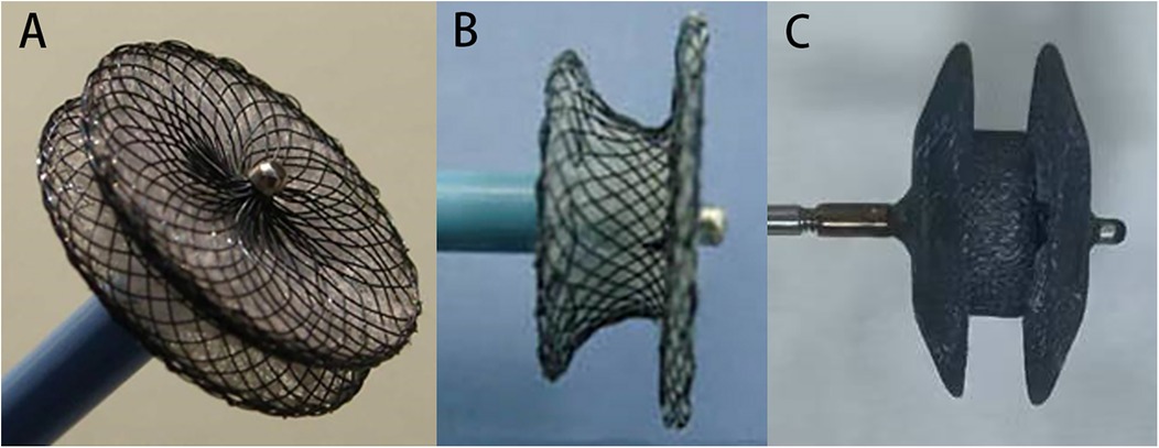 Three images labeled A, B, and C show medical devices. A and B depict mesh devices with spiral designs, highlighting their intricate wire structures. C shows a solid, more compact device with a central axis and two wide ends.