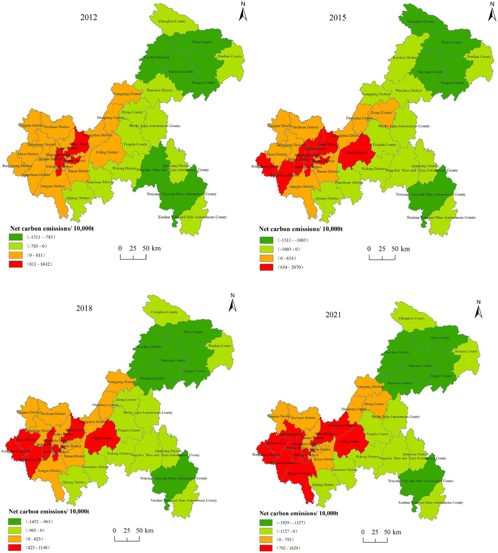 Four maps show net carbon emissions by region for 2012, 2015, 2018, and 2021, with color coding: dark green for lowest emissions and red for highest. Progressing from 2012 to 2021, regions experience varying shifts in emission levels, with some areas increasing and others decreasing. Legend indicates emissions in ten thousand tons.