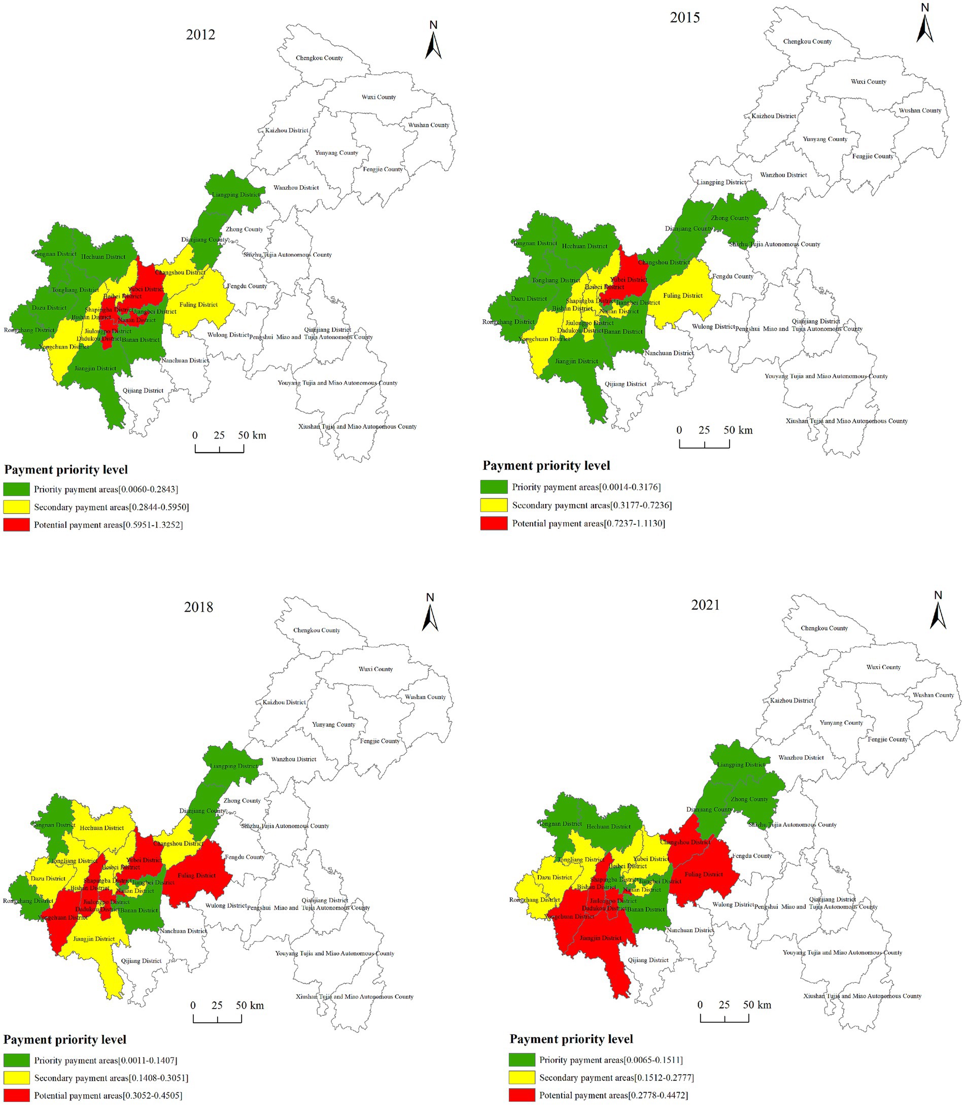 Four maps from 2012, 2015, 2018, and 2021 show payment priority levels in a region divided into counties. Areas are color-coded: green for priority payment, yellow for secondary payment, and red for potential payment. The maps illustrate changing payment priorities over time, with noticeable shifts in colors indicating changes in payment focus. Scale bars and north arrows are included for orientation.