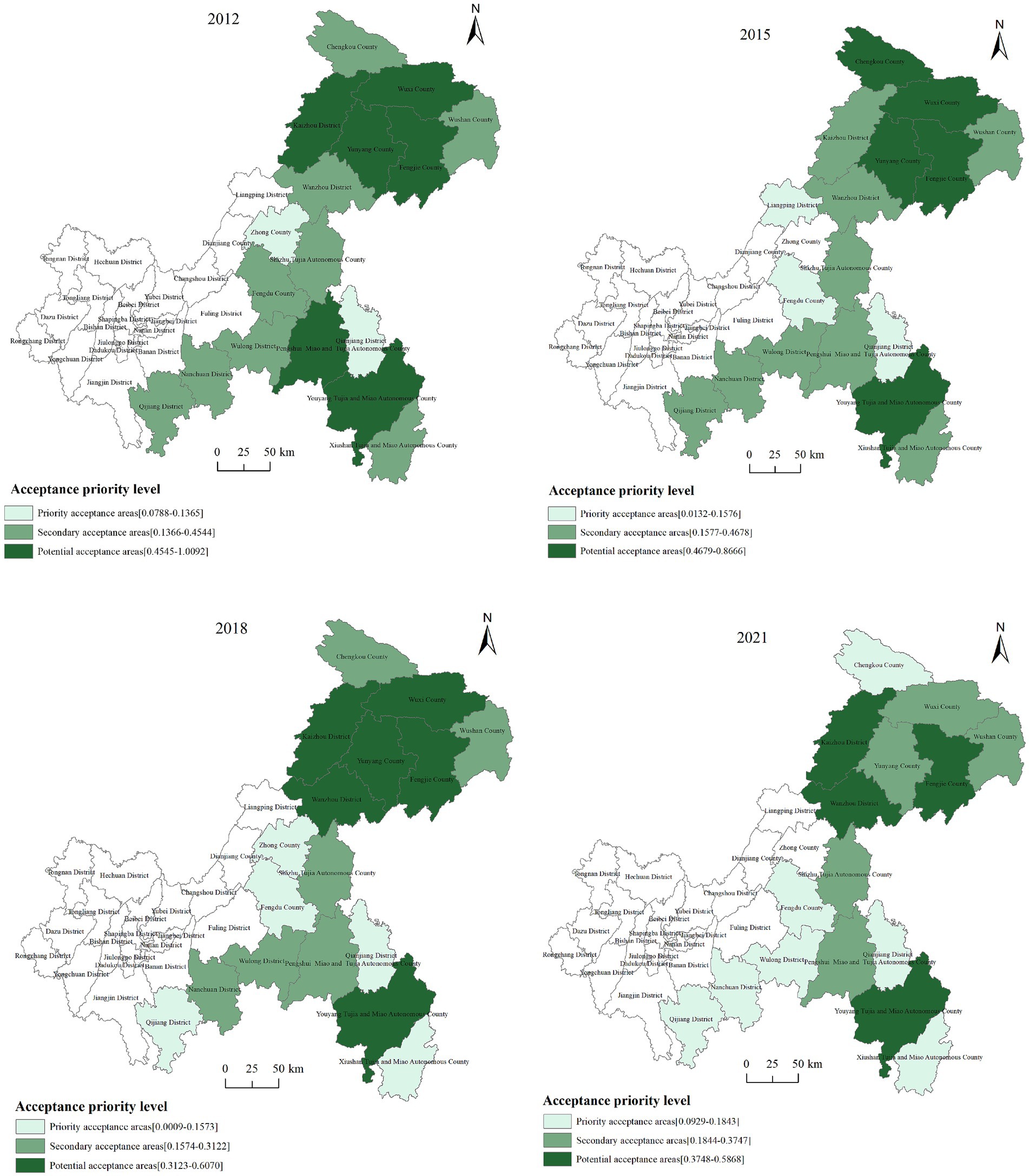 Four maps display the acceptance priority levels of regions from 2012, 2015, 2018, and 2021. Each map categorizes areas into three levels: priority, secondary, and potential acceptance, indicated by varying shades of green. Labels identify the regions, and a scale bar shows distances up to fifty kilometers. North is indicated at the top of each map.