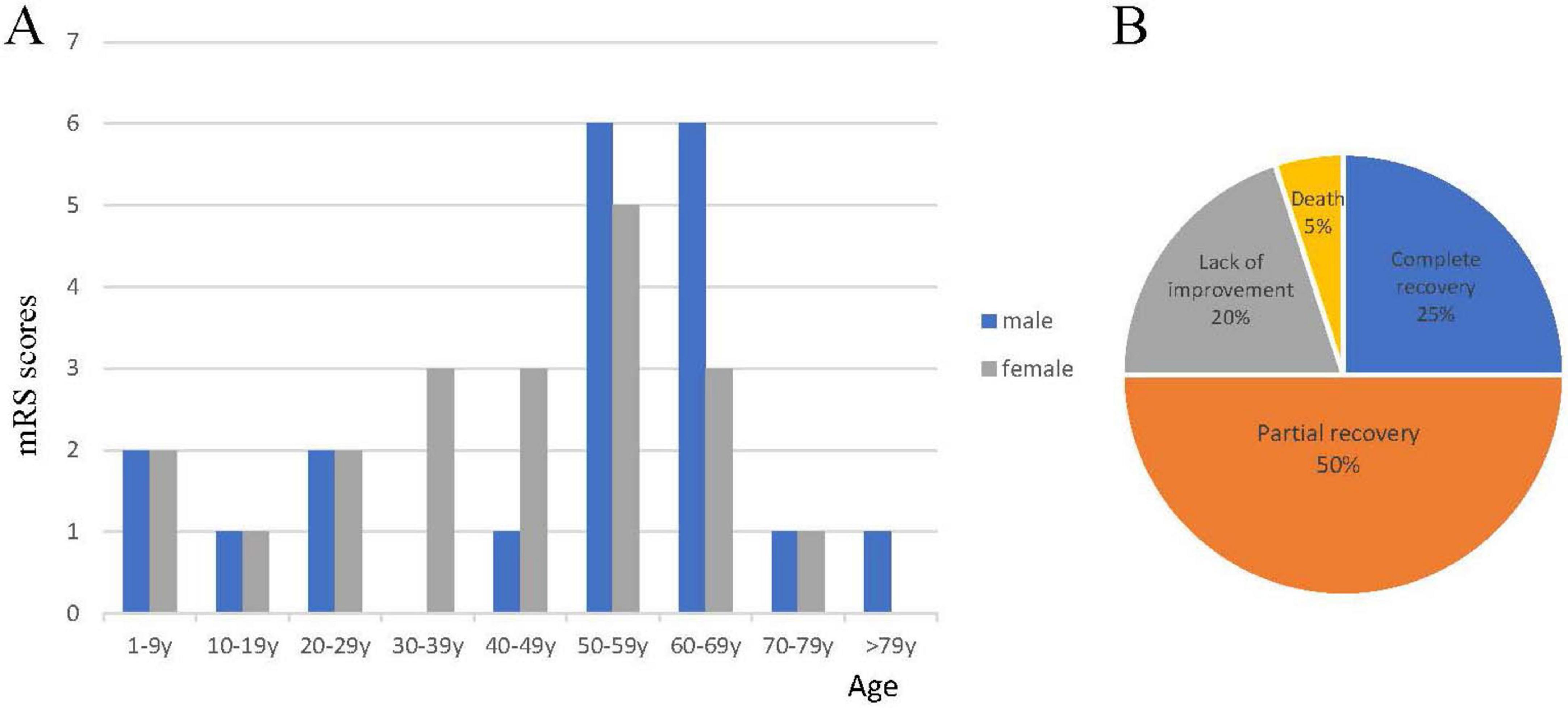 Bar chart labeled “A” and pie chart labeled “B”. Bar chart shows mRS scores by age group, with blue for males and gray for females. Highest scores are in the 50-69 age range, especially for males. Pie chart shows recovery outcomes: 50% partial recovery, 25% complete recovery, 20% lack of improvement, and 5% death.