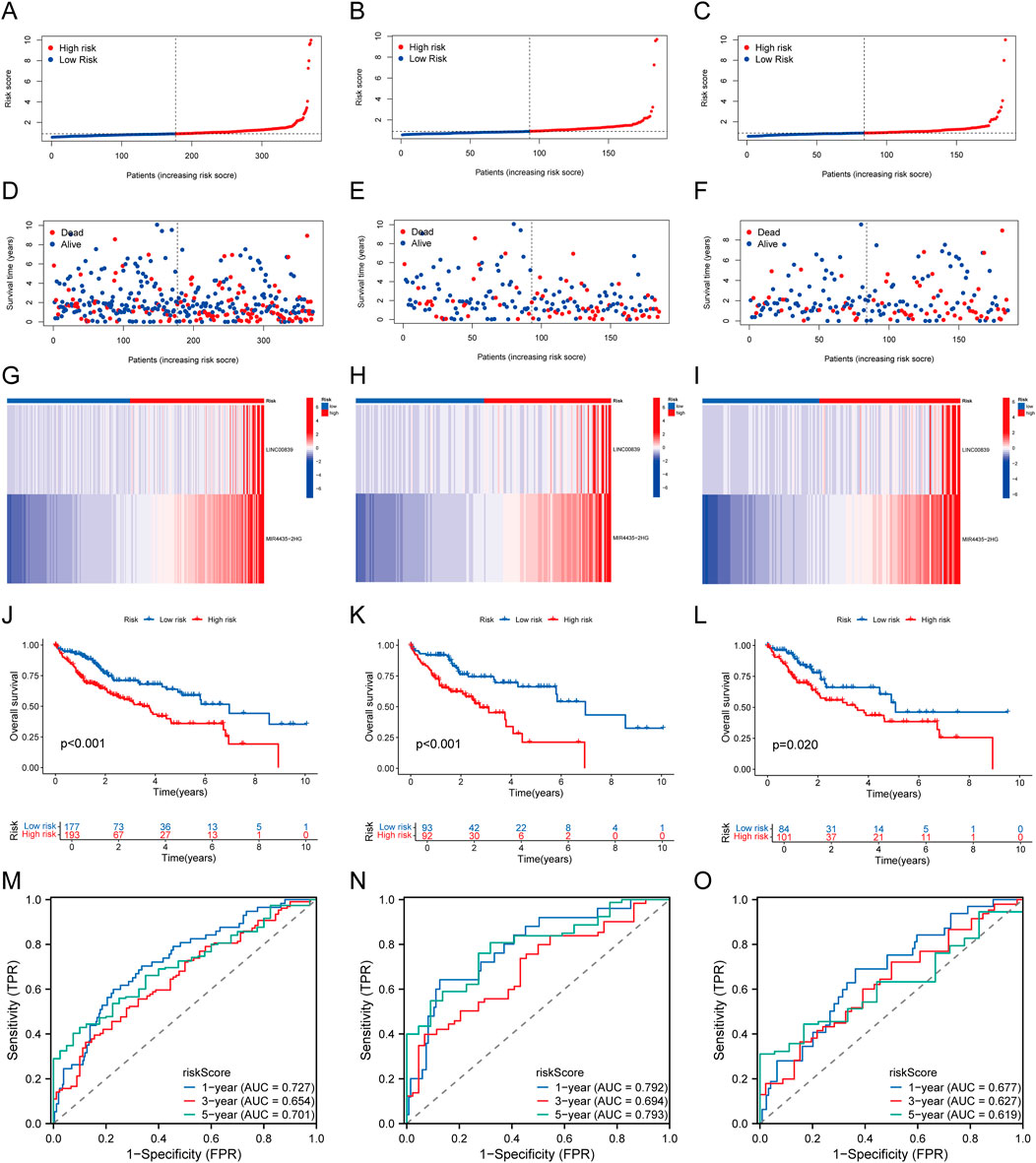 Panels A-C show risk scores for high and low-risk patients across varying numbers of patients. Panels D-F display survival status with high and low-risk differentiation. Heatmaps G-I visualize gene expression data. Kaplan-Meier survival curves in panels J-L compare overall survival between risk groups with significant p-values. Panels M-O present ROC curves with AUC values for risk scores at one, three, and five years.
