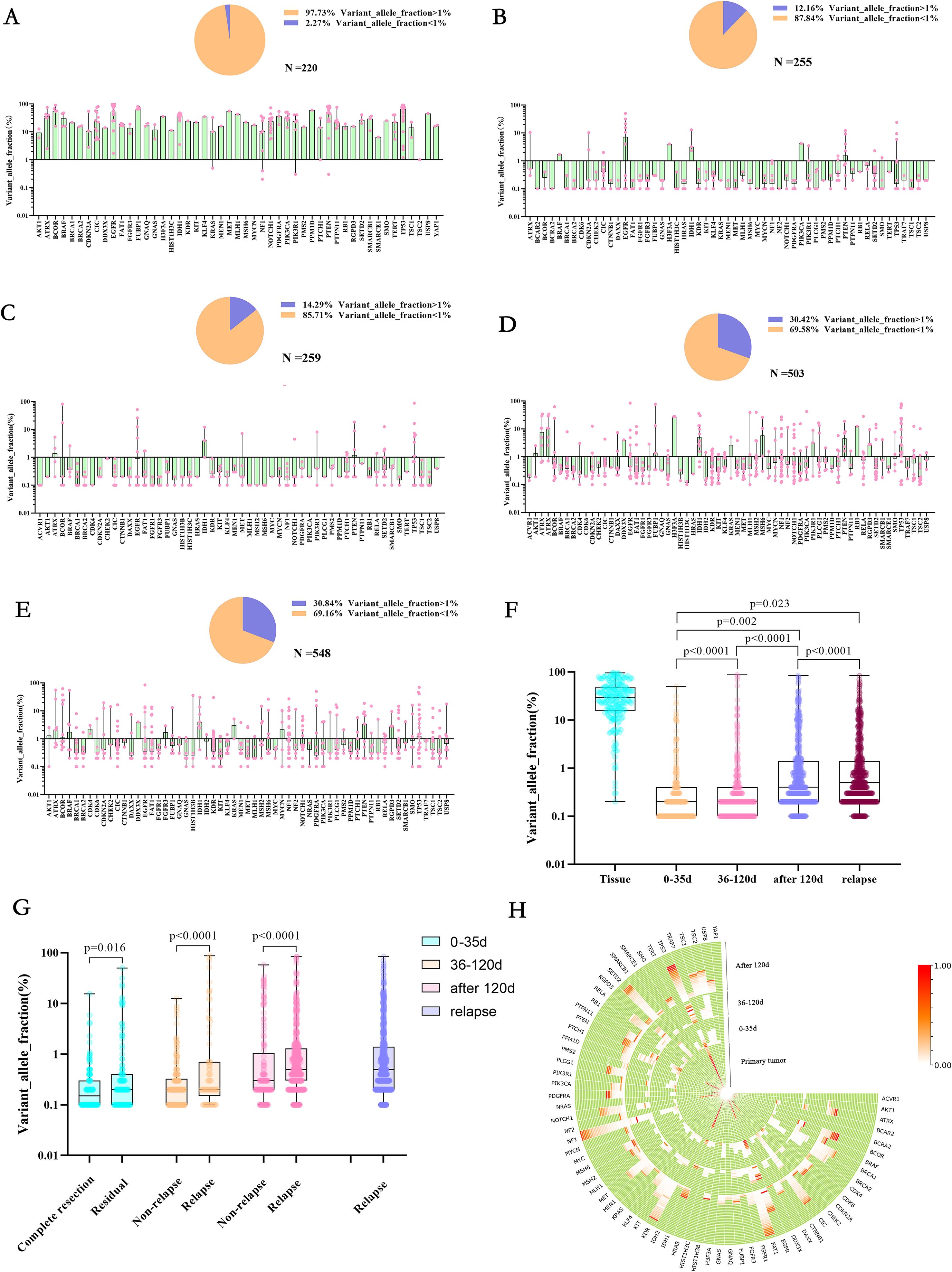 Graphs A to E show bar and pie charts of variant allele fractions, highlighting percentages greater than and less than one percent with varying sample sizes (N=220 to N=548). F and G are box plots illustrating variant allele fraction distributions across different time points and conditions, noting statistical significance (p-values). H displays a circular heatmap of genetic variants across various stages and tissues, with a color gradient indicating mutation frequency.