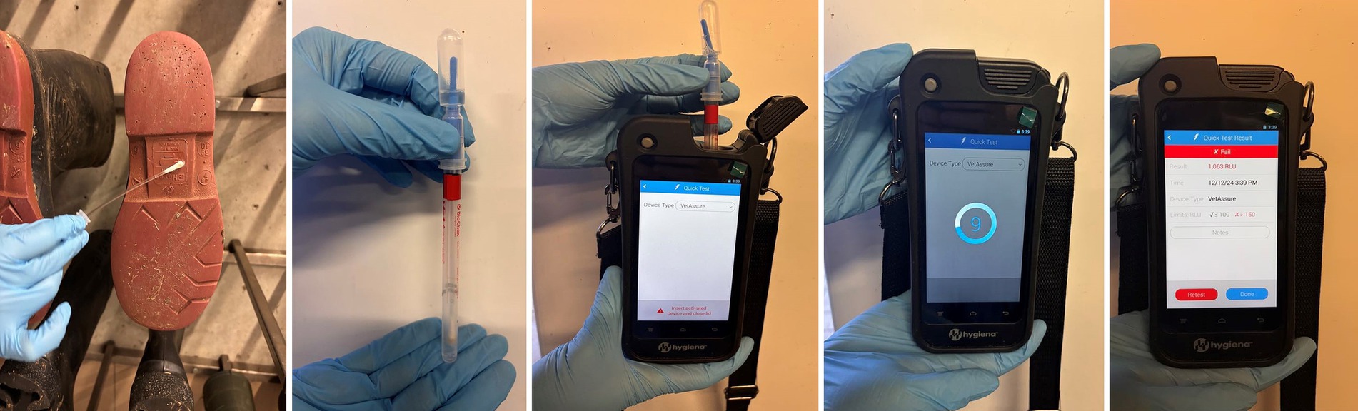 A sequence of images showing a hygiene testing process with a red boot sole being swabbed. Gloved hands hold a swab enclosed in a tube, which is then inserted into a handheld device displaying test results. The first screen shows a quick test, and subsequent screens show a failed result with high relative light units, indicating contamination.