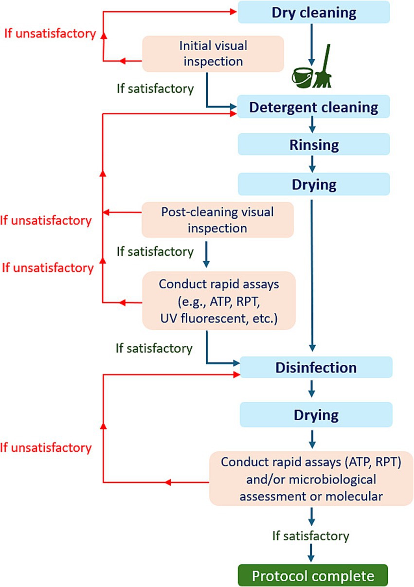 Flowchart detailing a cleaning protocol. It begins with dry cleaning, followed by an initial visual inspection. If satisfactory, detergent cleaning, rinsing, and drying occur. Post-cleaning inspection is next; if satisfactory, rapid assays are conducted. If satisfactory, disinfection, drying, and further assays or assessments are performed. The protocol is complete if satisfactory at all stages. Unsatisfactory results at any point lead to repeating previous steps.