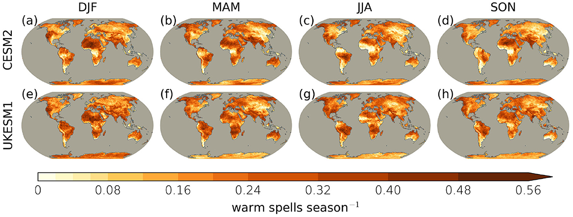 Maps illustrate global warm spell occurrences per season using CESM2 and UKESM1 models for DJF, MAM, JJA, and SON. Intensity varies from light yellow to dark brown, indicating frequency.