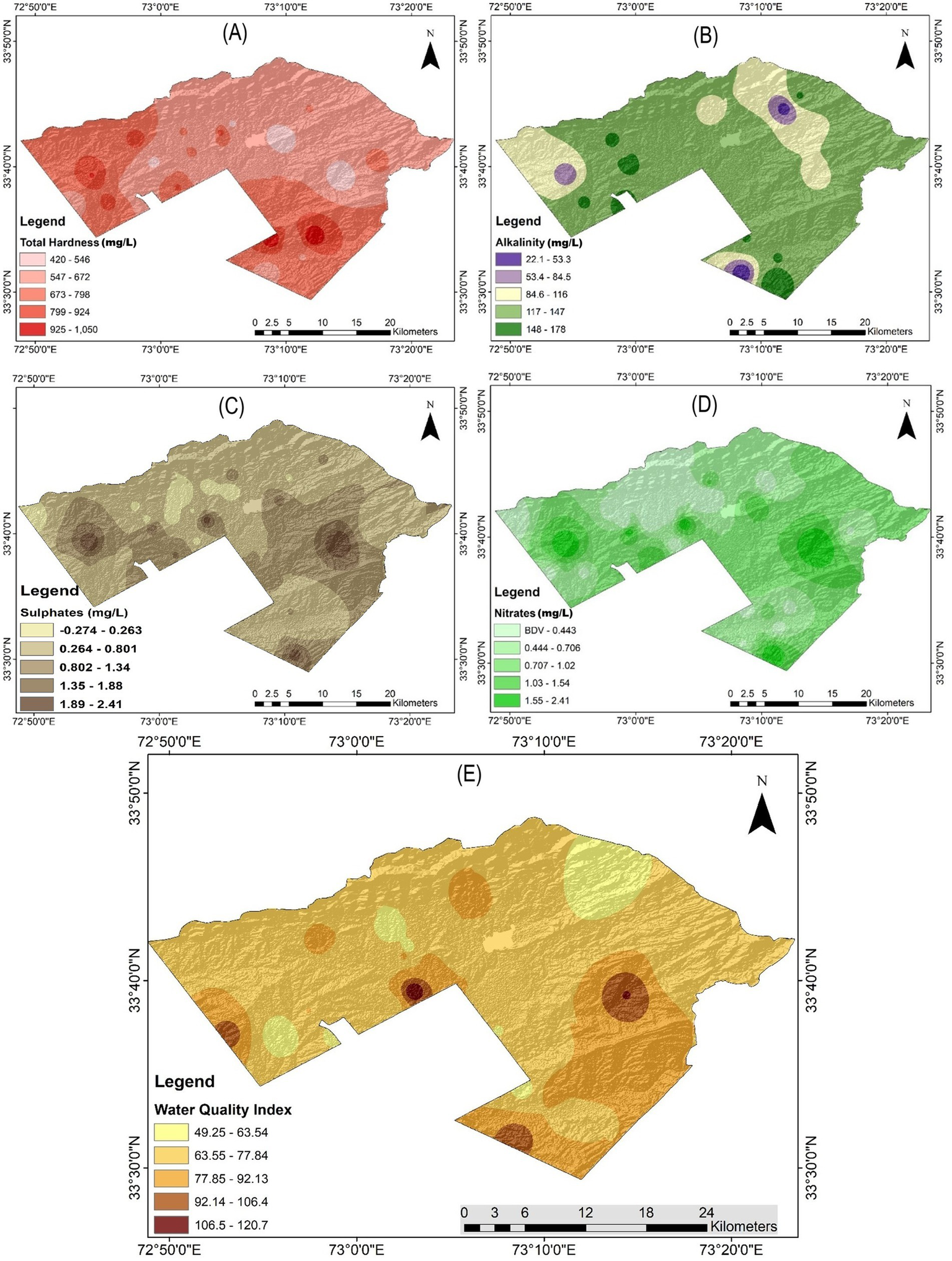 Maps of a region showing water quality parameters. (A) displays total hardness in shades of red. (B) illustrates alkalinity with varying green tones. (C) shows sulphates using browns and beiges. (D) represents nitrate levels in various greens. (E) presents a water quality index in yellows and browns. Each map includes a scale bar and a compass for orientation.