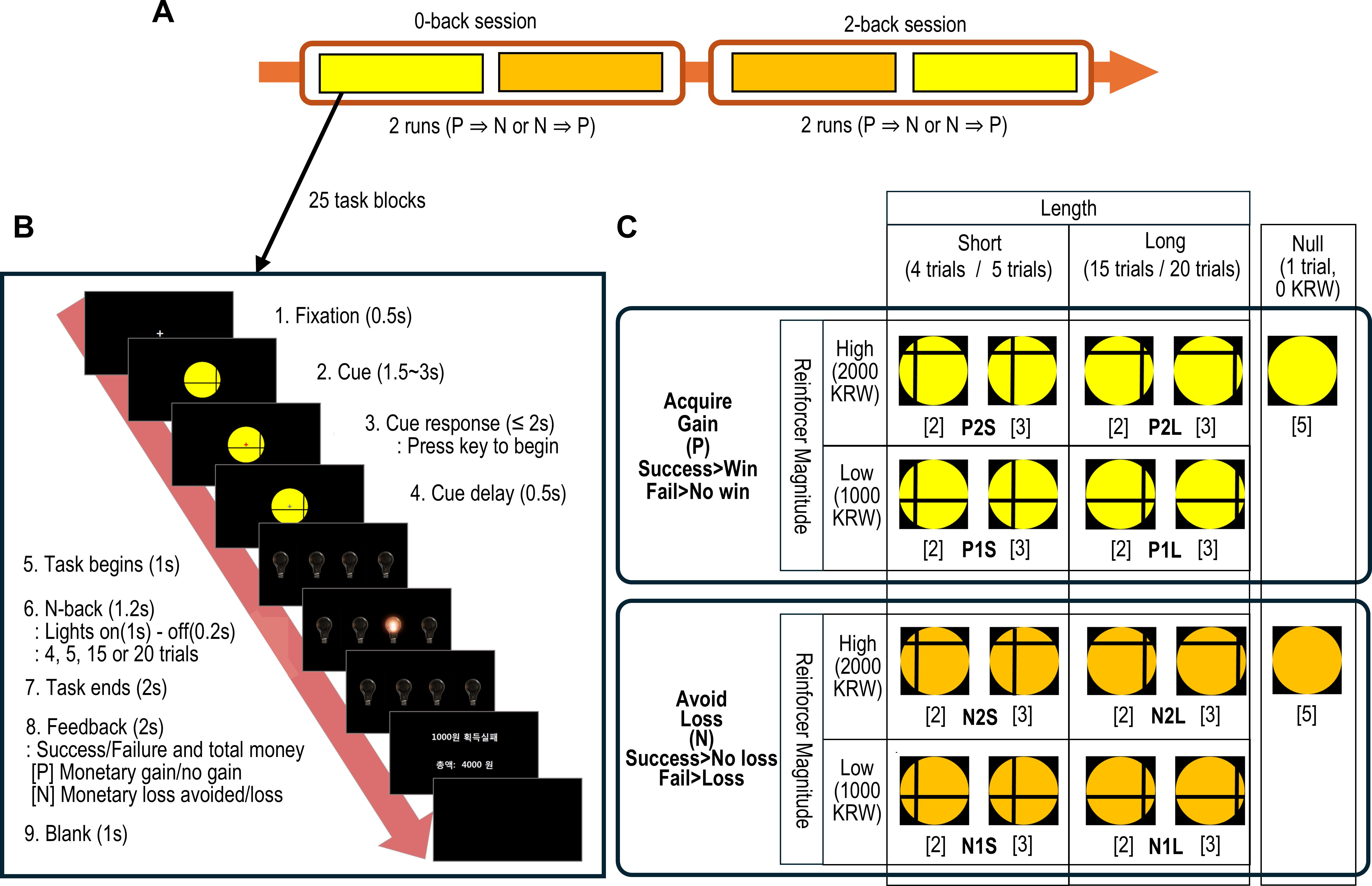 Diagram detailing a task structure divided into three sections: (A) shows a schedule of 0-back and 2-back sessions with two runs each. (B) outlines trial steps including fixation, cue, response, task, feedback, and intervals. (C) is a table describing task length and reward conditions with variations of reinforcer magnitude (high and low) and trial types, based on gain and loss with graphics representing different cue symbols.