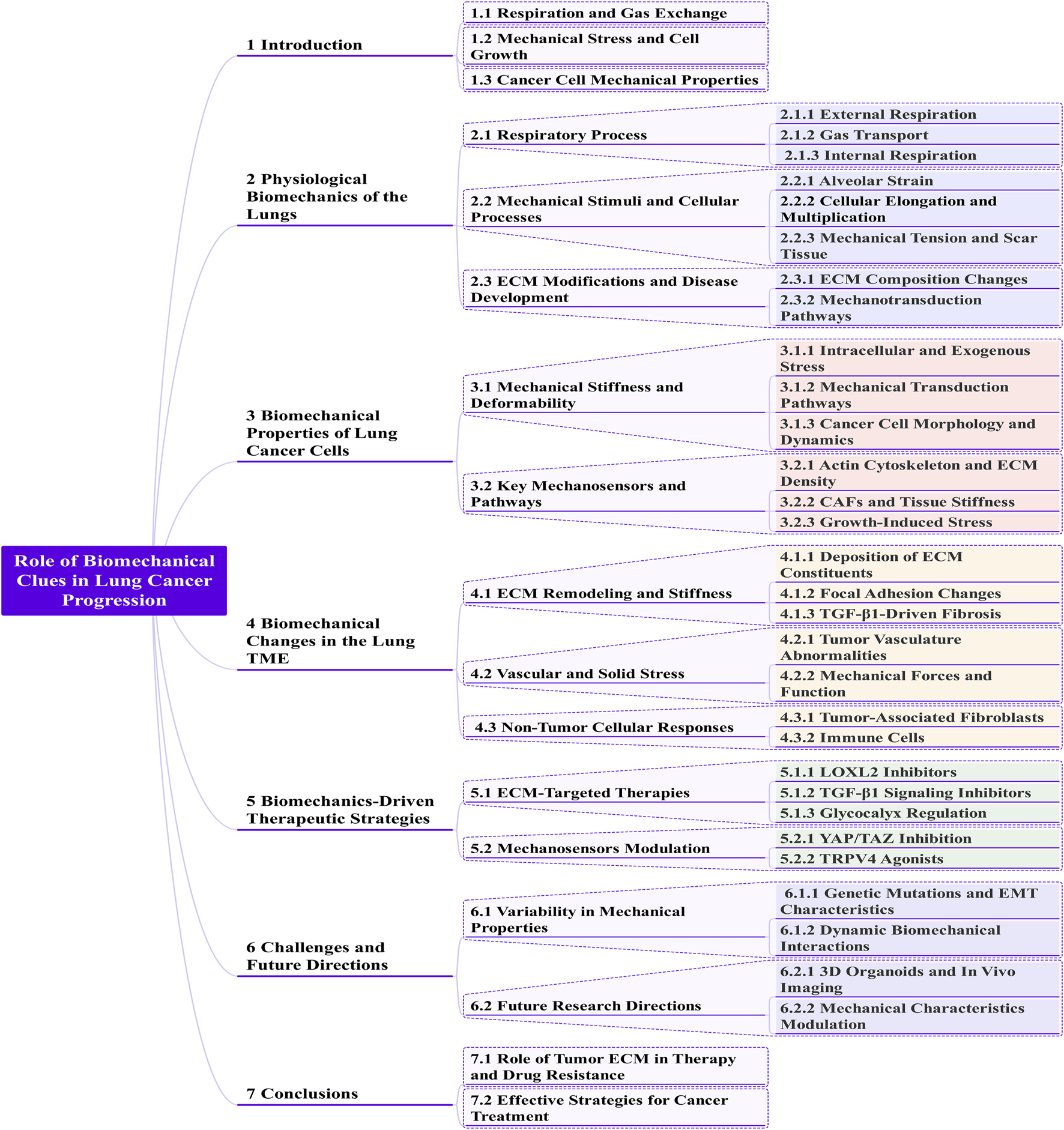 Flowchart titled "Role of Biomechanical Clues in Lung Cancer Progression" with seven main sections: 1) Introduction, 2) Physiological Biomechanics of the Lungs, 3) Biomechanical Properties of Lung Cancer Cells, 4) Biomechanical Changes in the Lung Tumor Microenvironment, 5) Biomechanics-Driven Therapeutic Strategies, 6) Challenges and Future Directions, 7) Conclusions. Each section is divided into several subsections, detailing various mechanical and cell processes relevant to lung cancer. Color-coded lines connect topics to their respective subtopics.