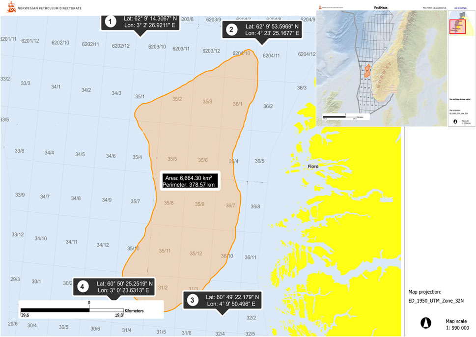 Map from the Norwegian Petroleum Directorate displaying a demarcated offshore area outlined in orange, located west of Florø, Norway. Key coordinates mark four points around the area, which covers 6,664.30 square kilometers with a perimeter of 378.57 kilometers. An inset map shows the area's position relative to a larger region. The map uses the ED_1950_UTM_Zone_32N projection and a scale of 1:990,000.