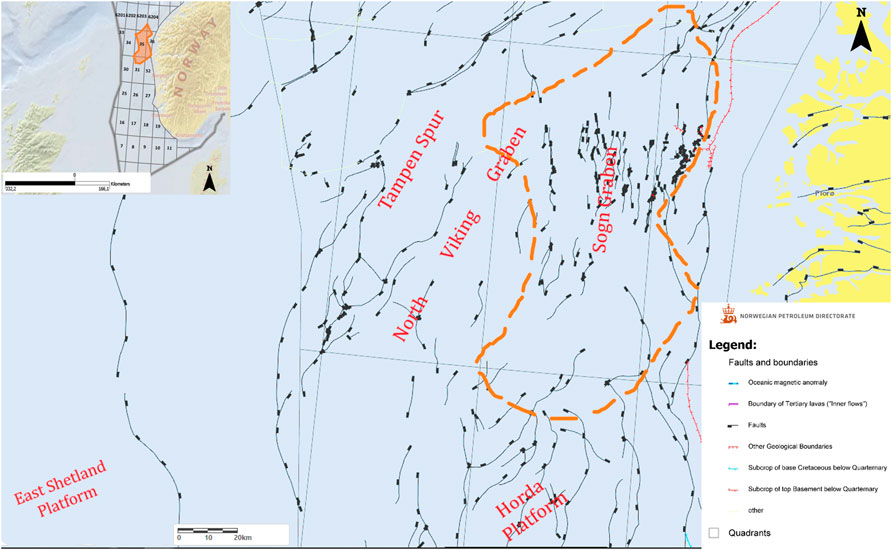 Map showing geological features of the North Sea region, including the East Shetland Platform, Tampen Spur, Viking Graben, and Sogn Graben. Includes various fault lines and boundaries. Legend by the Norwegian Petroleum Directorate indicates different geological features. An inset map shows the location in relation to Norway.