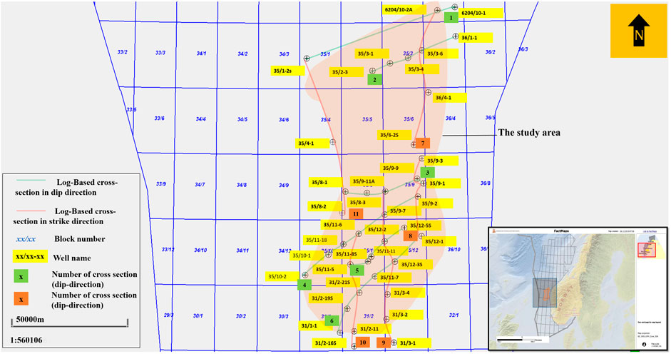 Map showing a study area with grid blocks and labeled wells. Wells have yellow boxes, and lines indicate log-based cross-sections in dip (green) and strike (red) directions. Color-coded markers denote cross-section numbers in dip-directions. A legend explains symbols and scale, and a small inset map locates the study area relative to a larger region. North is indicated at the top right.