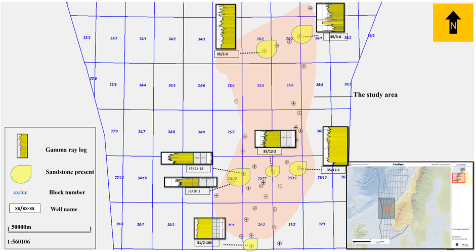 Map illustrating a study area with grid blocks, each labeled with blue block numbers. Key elements include gamma ray logs and sandstone presence markers. Various well names are displayed alongside gamma ray log readings. A scale and map inset offer geographic context. A north arrow is at the top right.