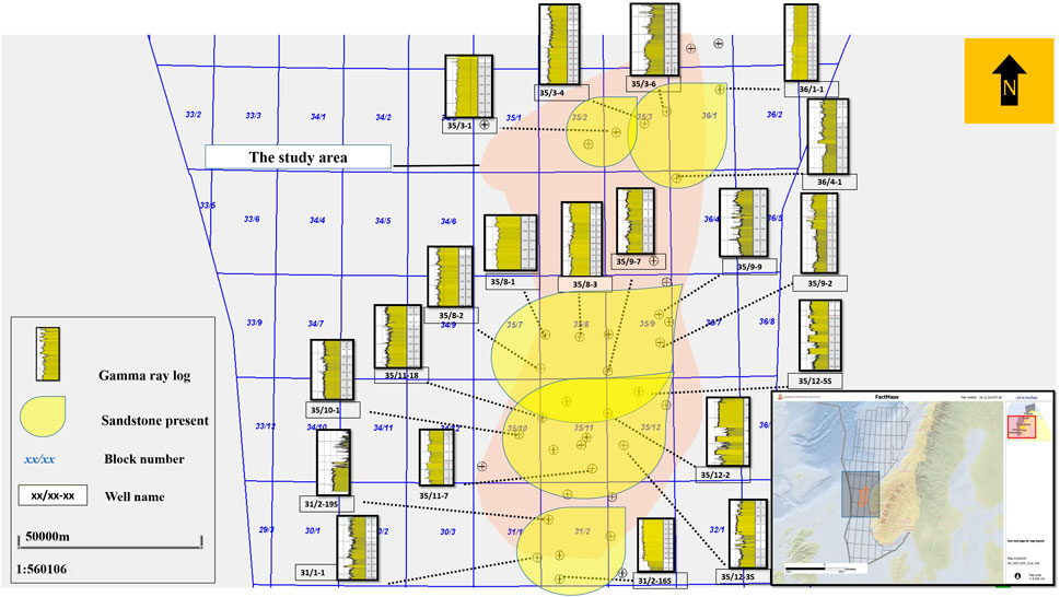 Map showing a study area with multiple well locations marked by gamma ray logs. Yellow indicates sandstone presence. The layout includes block numbers and well names. A small inset map provides geographical context with a north arrow for orientation. A scale bar indicates distance.