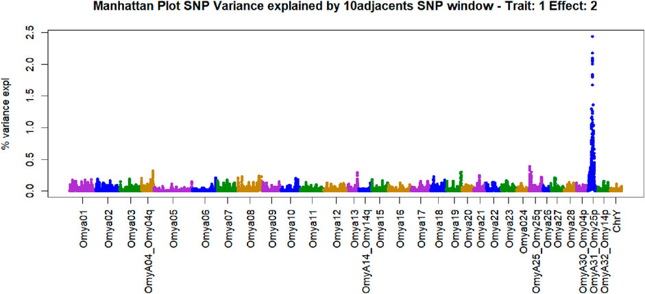 Manhattan plot showing SNP variance explained by 10 adjacent SNP windows for Trait 1, Effect 2. The x-axis lists chromosome names from Omy01 to ChrY, and the y-axis shows percentage variance explained, ranging from 0 to 2.5. The plot features colored vertical bars, with a significant spike on the right side indicating a notable variance.