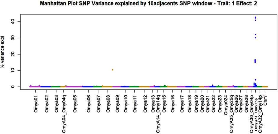 Manhattan plot showing SNP variance explained by a ten adjacent SNP window for Trait 1, Effect 2. X-axis lists chromosome labels from Omya01 to ChrY. Y-axis displays percentage variance explained, with most points around zero, and some outliers reaching above forty percent.