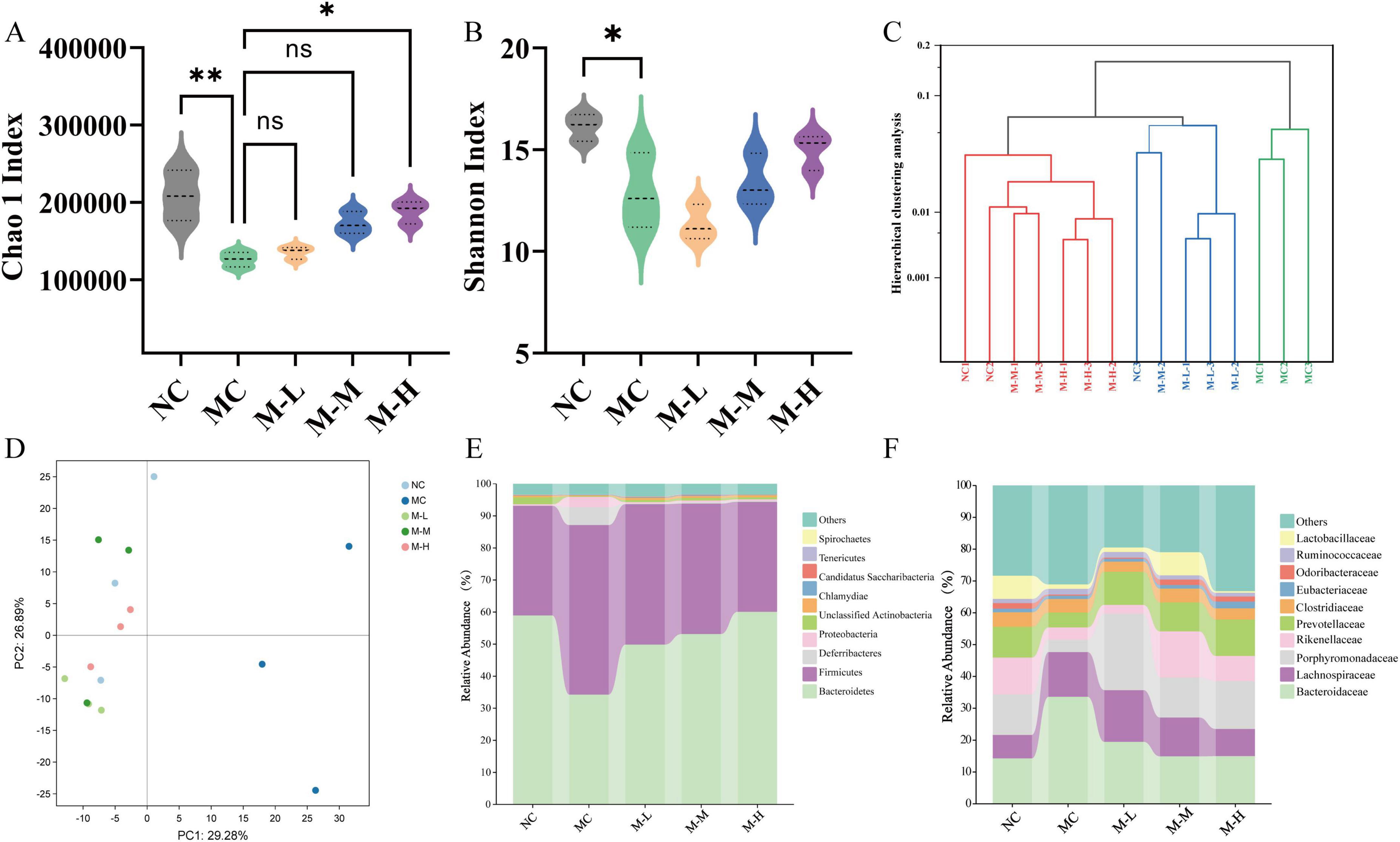 Graphs depicting microbial diversity and relative abundance. Image A shows Chao1 index with significant differences. B displays Shannon index with one significant difference. C is a hierarchical clustering dendrogram. D is a PCA plot showcasing variability among groups. E and F illustrate relative abundance bar charts of microbial communities across different categories.