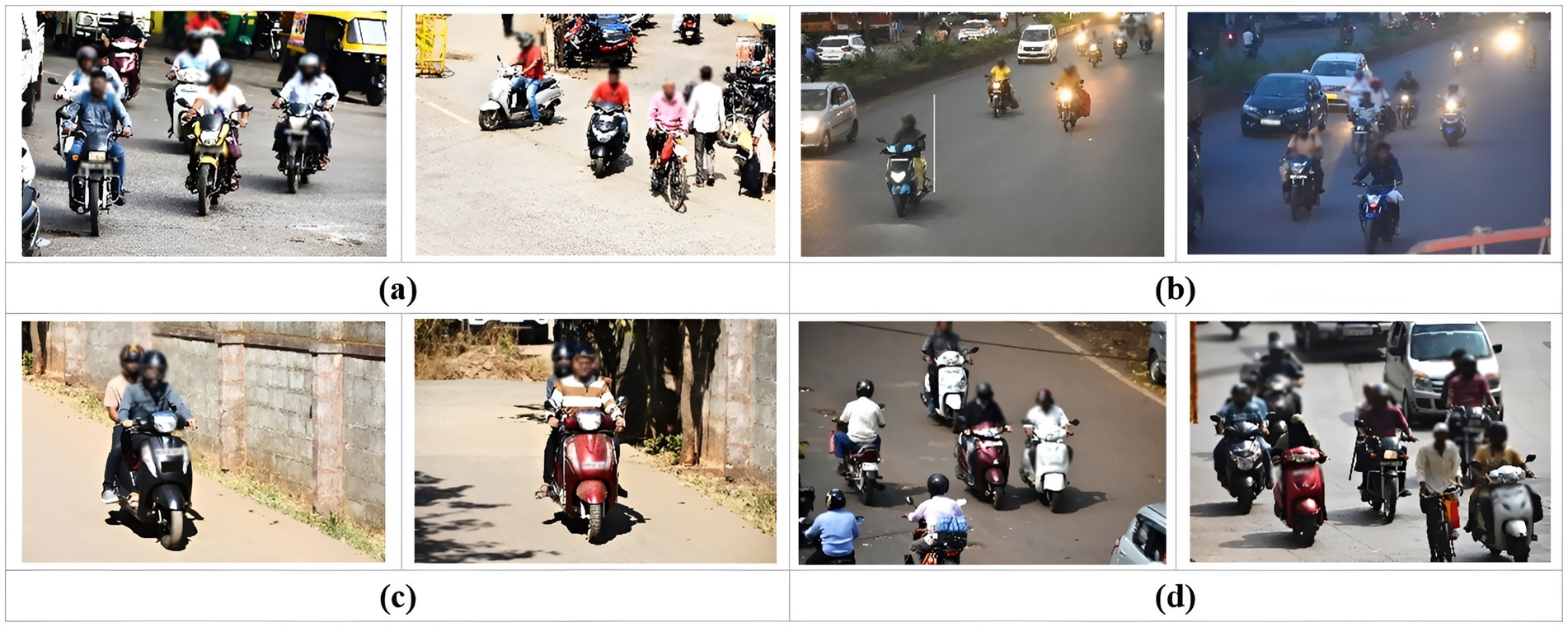 Four panels labeled (a), (b), (c), and (d) showing various scenes of people riding motorbikes and scooters on different roads. Panel (a) shows busy traffic with multiple motorcyclists and auto rickshaws. Panel (b) depicts a road at night with vehicles and motorcyclists under streetlights. Panel (c) features two images of scooters with two riders each, riding near a wall. Panel (d) displays a variety of motorcyclists mingling with cyclists and cars on a busy street.