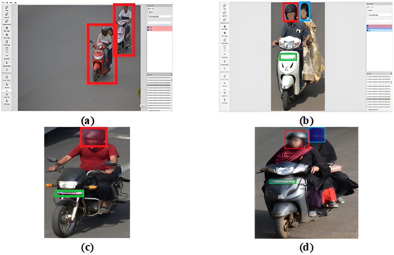 Images labeled (a) to (d) show people riding scooters, with red bounding boxes highlighting riders' faces and green boxes on license plates. Panels on the sides indicate a digital analysis tool interface, likely used for identification or tracking purposes.