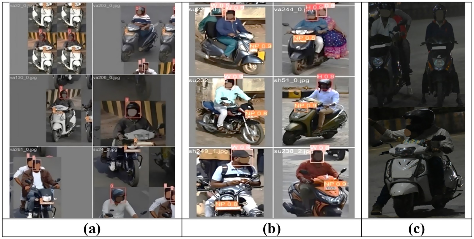Grid of images showing several individuals riding two-wheelers. Faces are pixelated, and overlaid data includes labels like