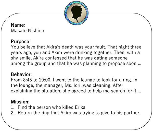 Name:
Masato Nishino.
Purpose:
You believe that Akira's death was your fault. That night three years ago, you and Akira were drinking together. Then, with a shy smile, Akira confessed that he was dating someone among the group and that he was planning to propose soon ...
Behavior:
From 8:45 to 10:00, I went to the lounge to look for a ring. In the lounge, the manager, Ms. Iori, was cleaning. After explaining the situation, she agreed to help me search for it ...
Mission:
1. Find the person who killed Erika.
2. Return the ring that Akira was trying to give to his partner.