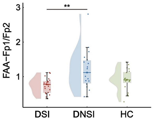 Violin plot comparing FAA-Fp1/Fp2 values across three groups: DSI, DNSI, and HC. DSI group shows lower values, DNSI has higher variation and values, while HC is moderate. Asterisks indicate significant difference between DSI and DNSI.
