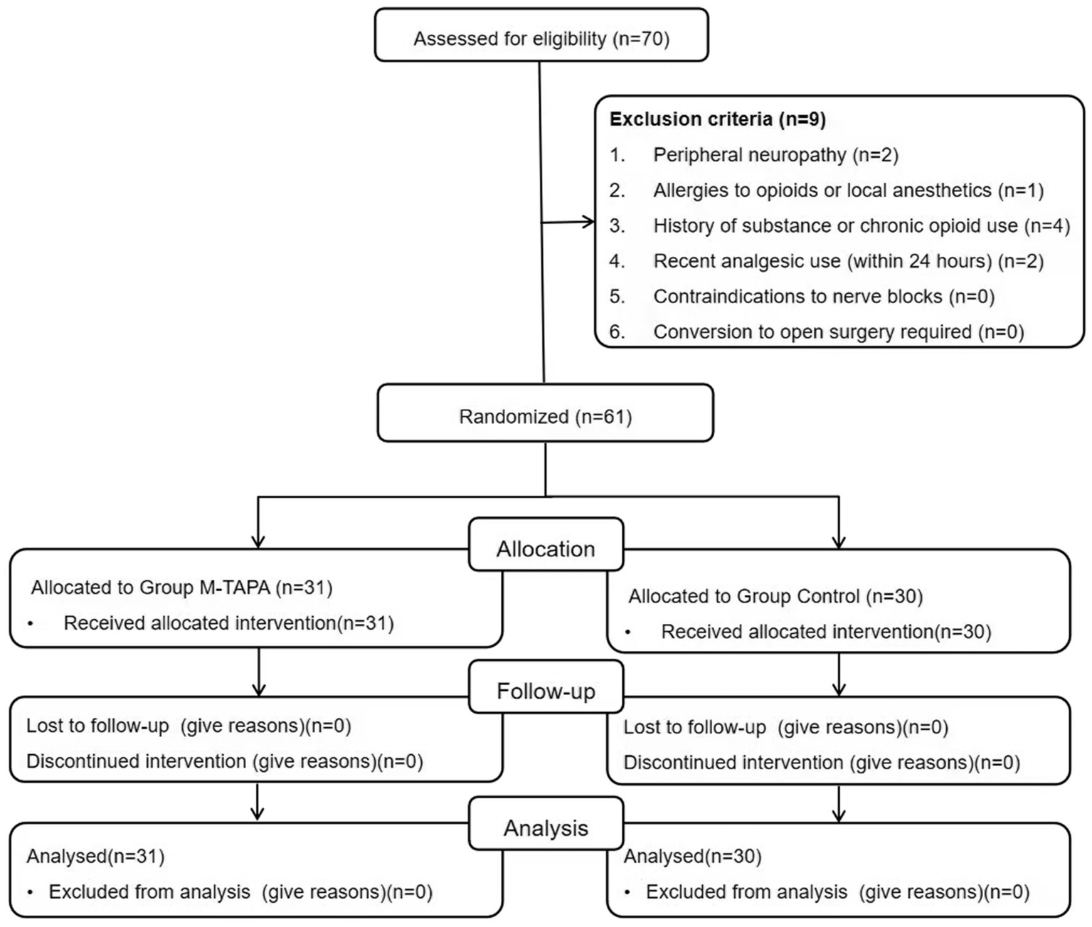 Flowchart depicting the patient selection process. Seventy patients were assessed for eligibility; nine were excluded based on criteria like peripheral neuropathy and allergies. Sixty-one were randomized into two groups: M-TAPA (thirty-one patients) and Control (thirty patients). All participants in both groups received interventions. No patients were lost to follow-up or discontinued in either group, and all were analyzed.