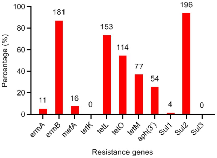 Bar chart showing percentages of different resistance genes. Highest percentages are for ermB at 181%, tetO at 153%, and Sul2 at 196%. Some genes like tetK and Sul3 show 0%.