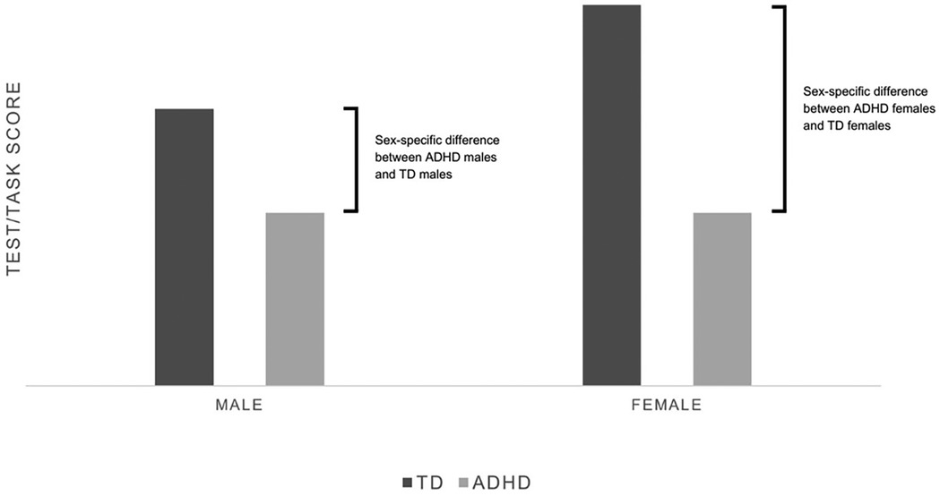 Bar graph comparing test or task scores between two groups: typically developing (TD) and ADHD individuals, separated by gender. Males with ADHD score lower than TD males. Females with ADHD also score lower compared to TD females. Note the sex-specific differences in scores.