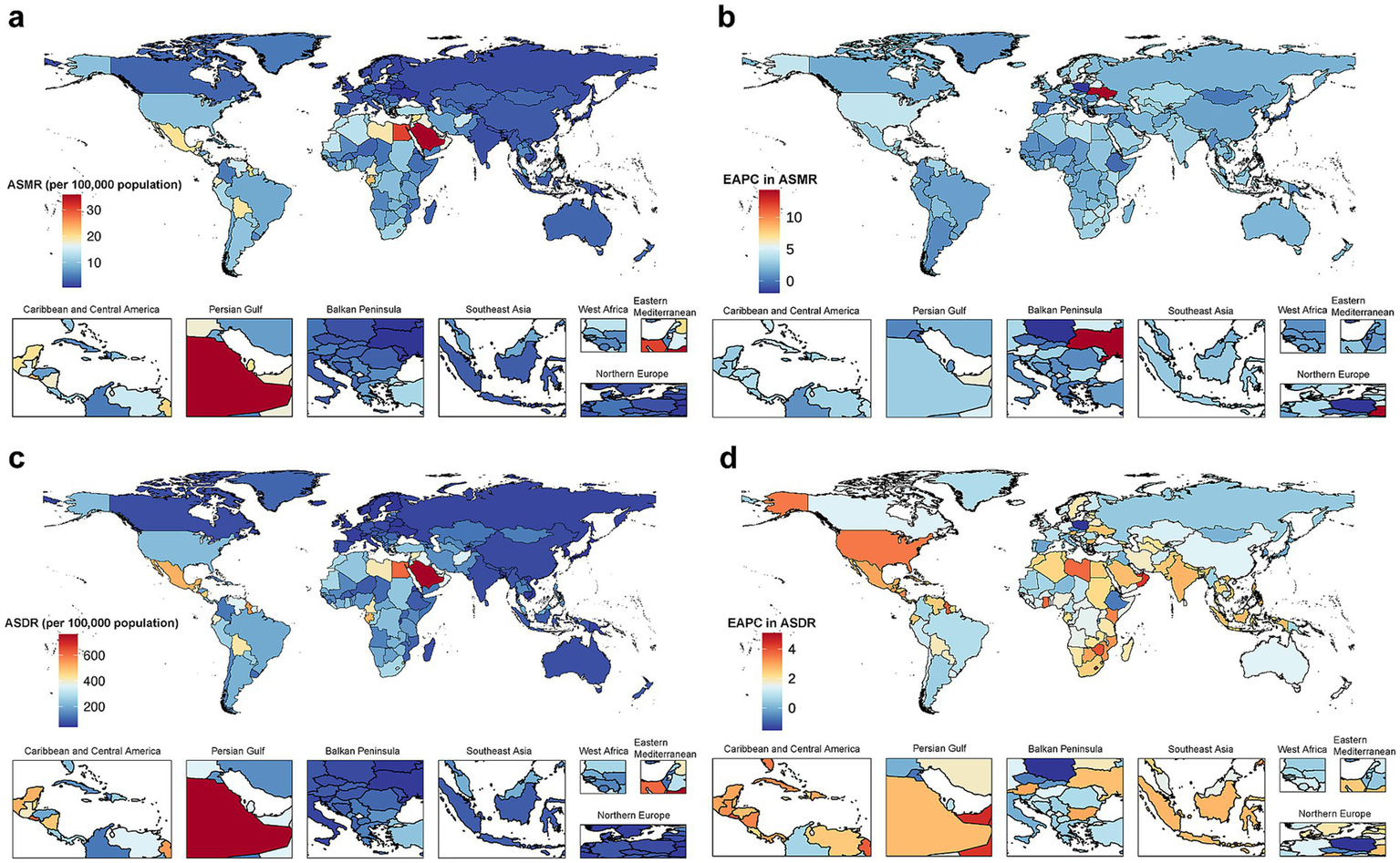 Four world maps display data on cancer rates. Map (a) shows ASMR; red represents higher rates. Map (b) illustrates EAPC in ASMR with a red-blue gradient. Map (c) depicts ASDR; red indicates higher rates. Map (d) presents EAPC in ASDR with another red-blue gradient. Insets highlight specific regions like the Persian Gulf and Northern Europe.