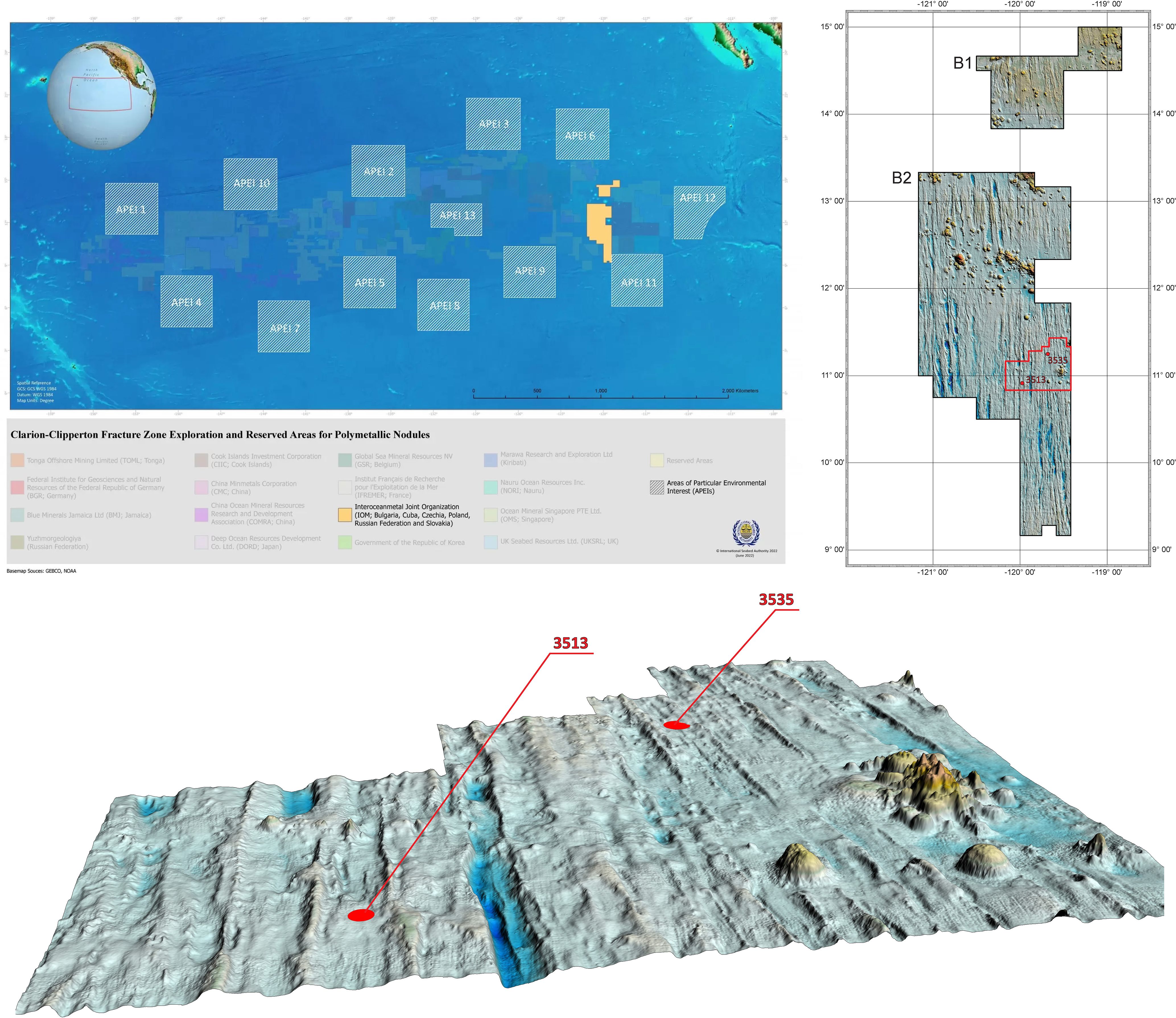Map and 3D visualization of the Clarion-Clipperton Fracture Zone. The map highlights various exploration and reserved areas for polymetallic nodules, indicated by names and color codes. The 3D display shows a textured seabed with elevation markers at positions 3513 and 3535, depicting a detailed underwater landscape.
