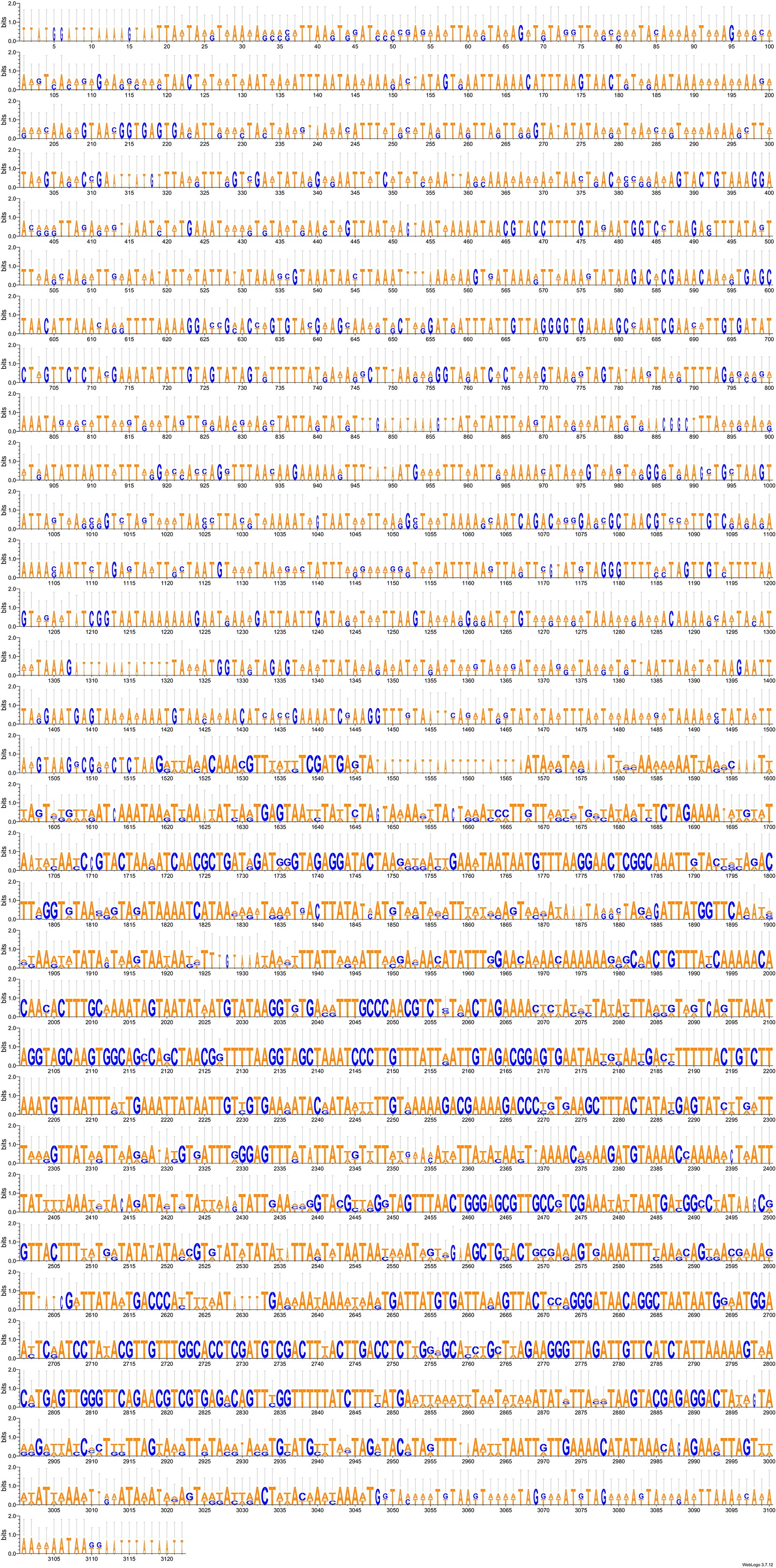 Sequence logo of a DNA motif displaying nucleotide frequencies along the sequence. Orange letters represent adenine and thymine, while blue letters represent cytosine and guanine. The height of each letter indicates its frequency at that position in the sequence. Numerical positions are labeled along the top, ranging from zero to three thousand one hundred and thirty-three.