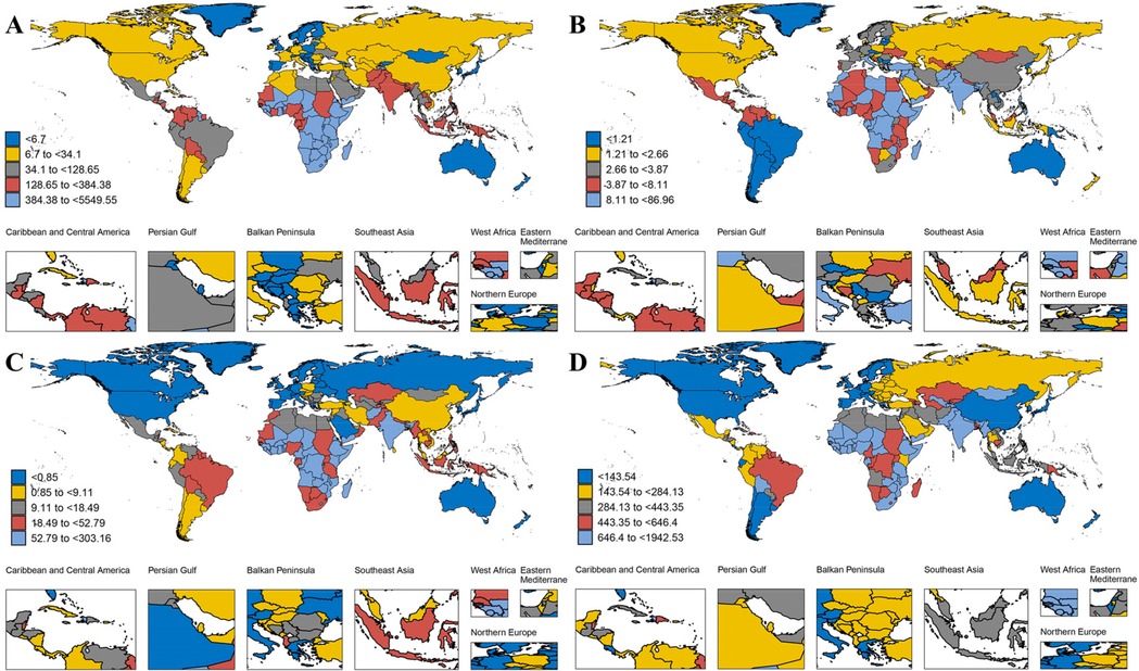 Four world maps labeled A, B, C, and D display varying data distributions. Each map uses a color gradient to represent numerical ranges specific to different regions. Insets detail specific areas: Caribbean and Central America, Persian Gulf, Balkan Peninsula, Southeast Asia, West Africa, Eastern Mediterranean, and Northern Europe. Each main map colors regions differently, corresponding to legends with distinct numerical intervals.