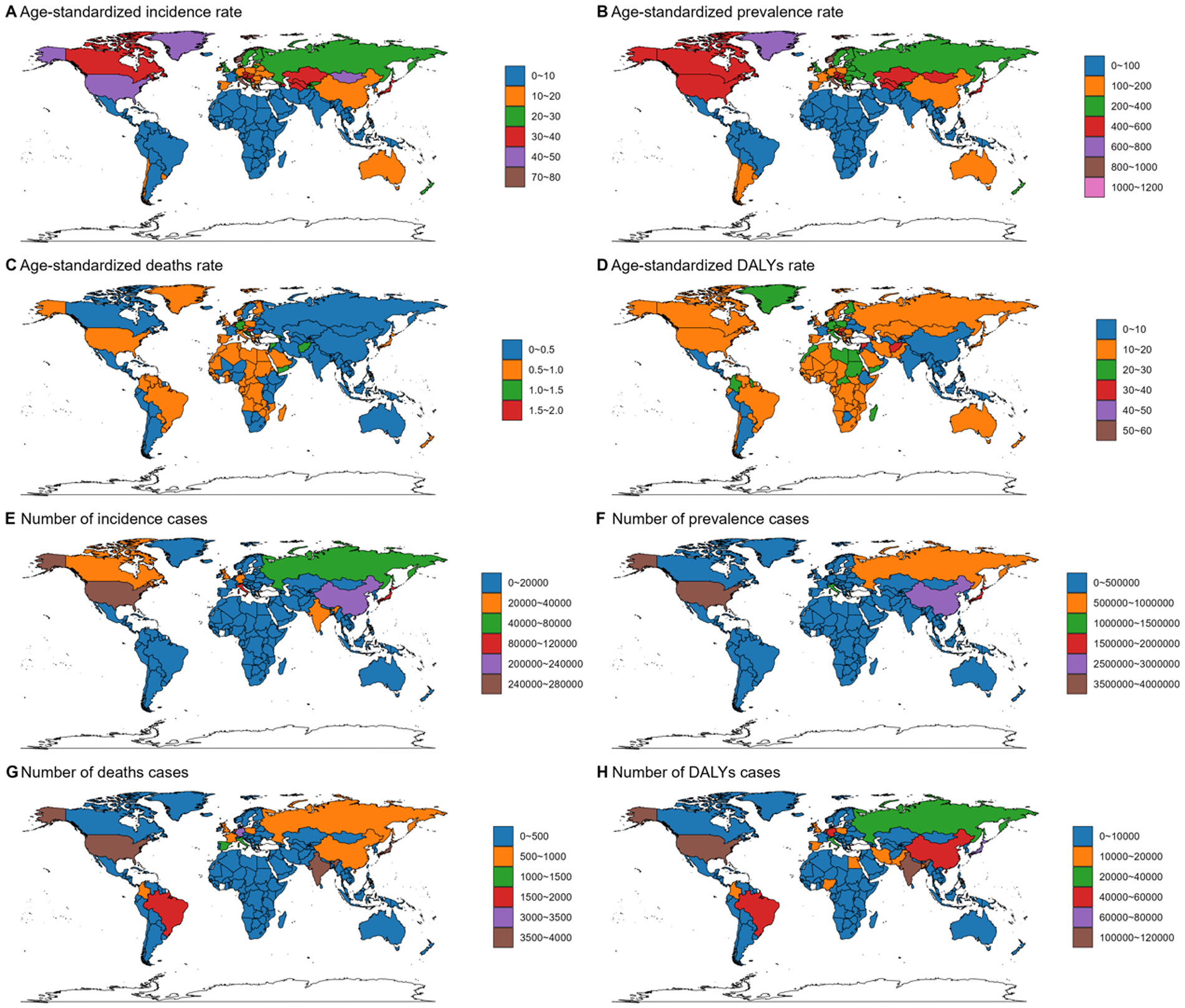Eight world maps colored by rates and numbers related to disease metrics. Maps A and B show age-standardized incidence and prevalence rates. Maps C and D display age-standardized death and DALY rates. Maps E, F, G, and H indicate the number of incidence, prevalence, death, and DALY cases. Each map uses distinct color gradients to represent different values, with varying ranges indicated in accompanying legends.