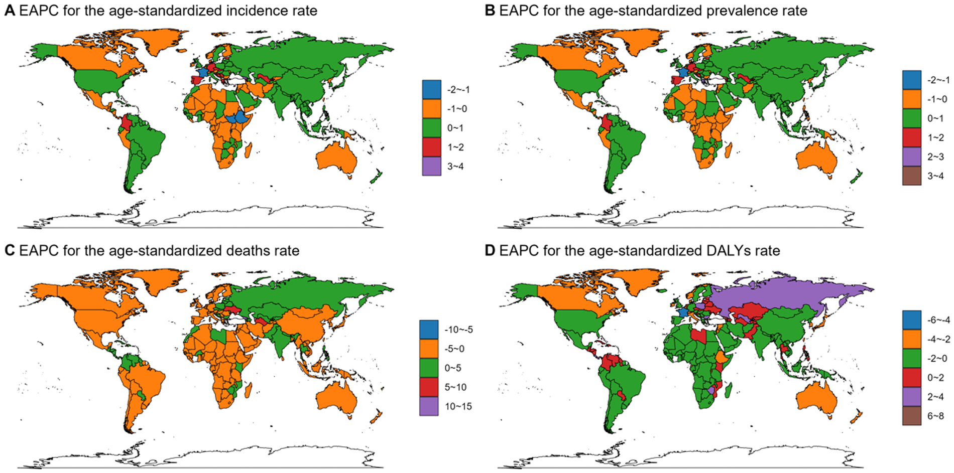 Four world maps show the Estimated Annual Percentage Change (EAPC) in age-standardized rates. Map A shows incidence rates, B shows prevalence rates, C shows death rates, and D shows Disability-Adjusted Life Years (DALYs) rates. Countries are color-coded based on EAPC ranges. Each map includes a legend indicating the range of EAPC values represented by each color.