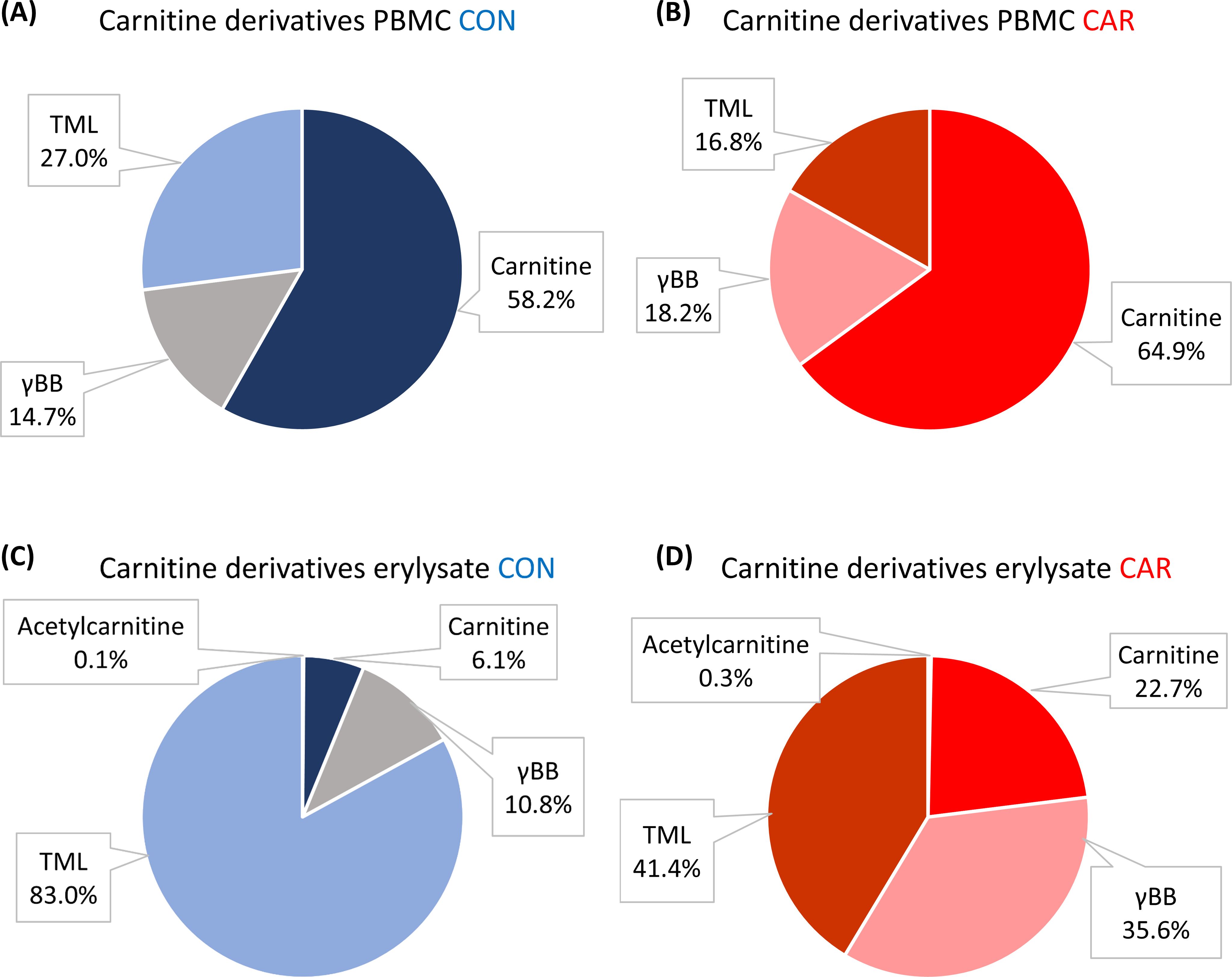 Four pie charts show carnitine derivatives in different conditions. Chart A (PBMC CON) has Carnitine at 55.1%, TML at 31.1%, and γBB at 13.8%. Chart B (PBMC CAR) shows Carnitine at 66.1%, TML at 15.8%, and γBB at 18.0%. Chart C (erylysate CON) displays TML at 82.8%, γBB at 10.9%, Carnitine at 6.2%, and Acetylcarnitine at 0.1%. Chart D (erylysate CAR) shows Carnitine at 22.9%, TML at 41.9%, γBB at 34.9%, and Acetylcarnitine at 0.3%. Percentages include error margins.