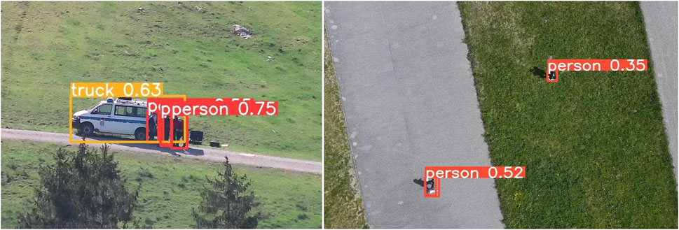Split-screen image showing object detection results. On the left, a truck is identified on a dirt road with a confidence score of 0.63, and a person with 0.75. On the right, two people are detected on grass with confidence scores of 0.35 and 0.52.