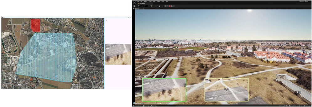 A split image showing a detailed city map on the left with marked areas in red and blue, and a 3D landscape view of the same area on the right. The 3D view depicts a park with paths, trees, and surrounding buildings under a clear sky. Insets of close-up views are included in both sections.